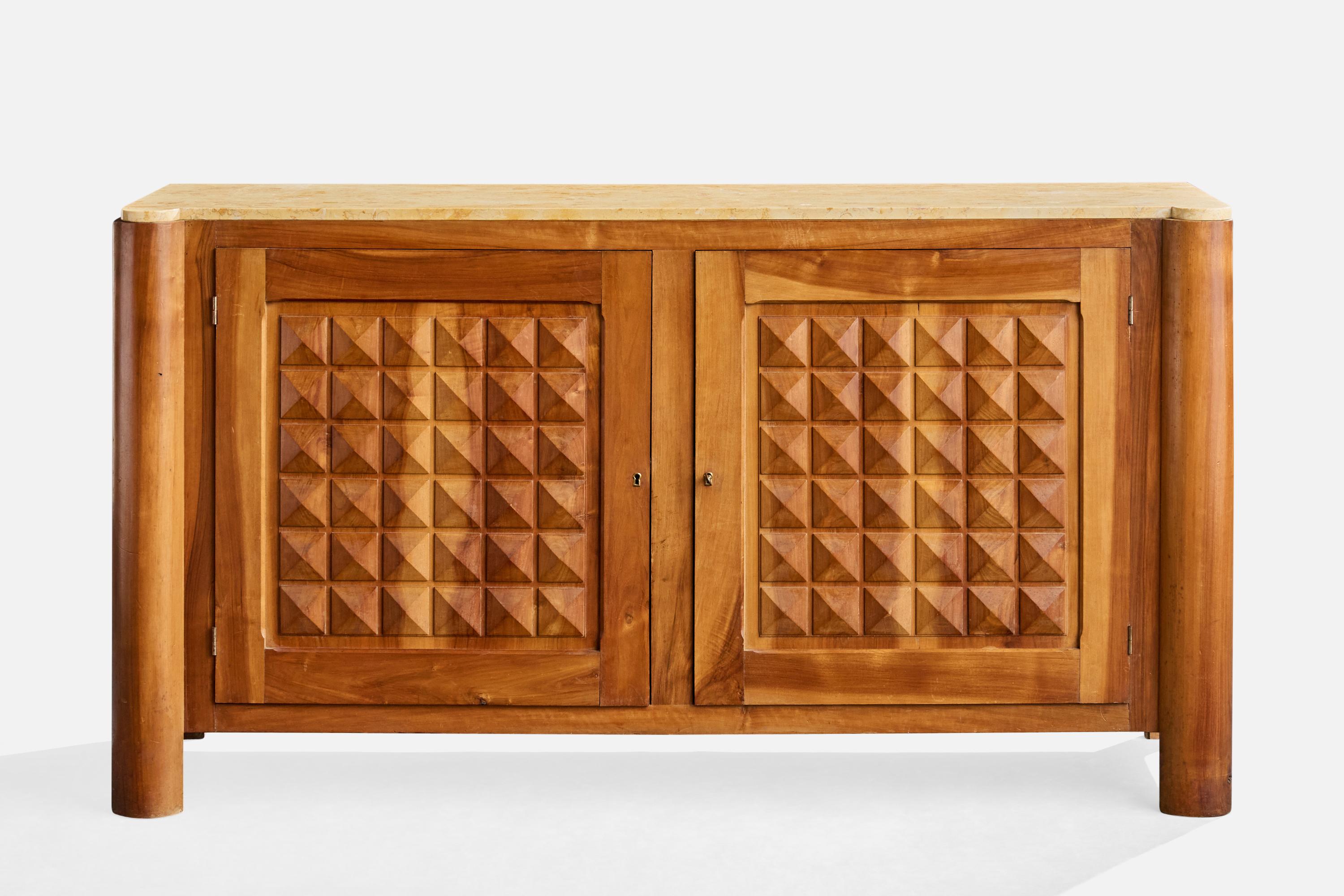 Mid-Century moderno Mobile di design francese, noce, marmo, ottone, Francia, anni '40 in vendita