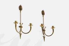 French Designer, Candle Sconces, Brass, France, 1970s