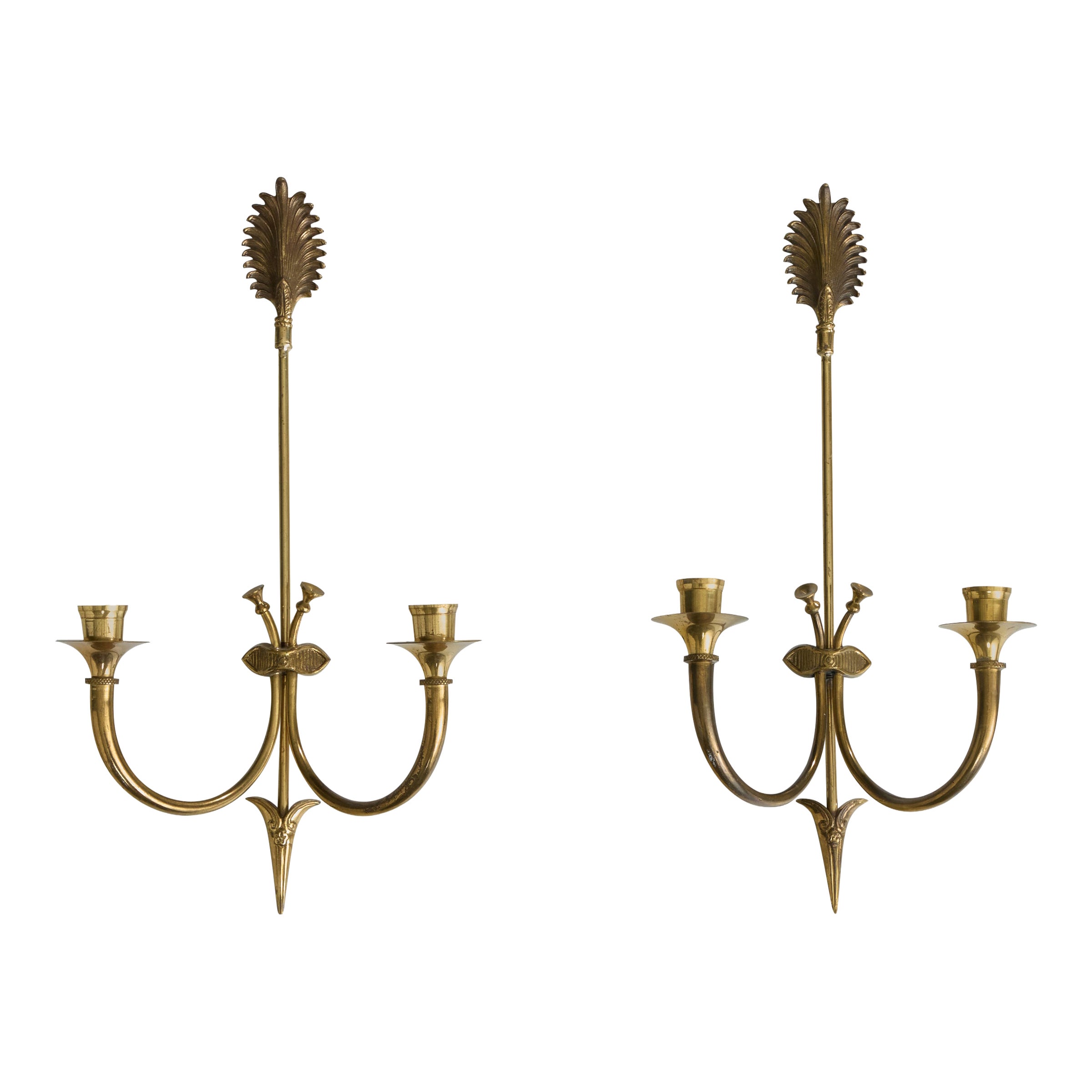 French Designer, Candle Sconces, Brass, France, 1970s