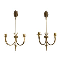 French Designer, Candle Sconces, Brass, France, 1970s