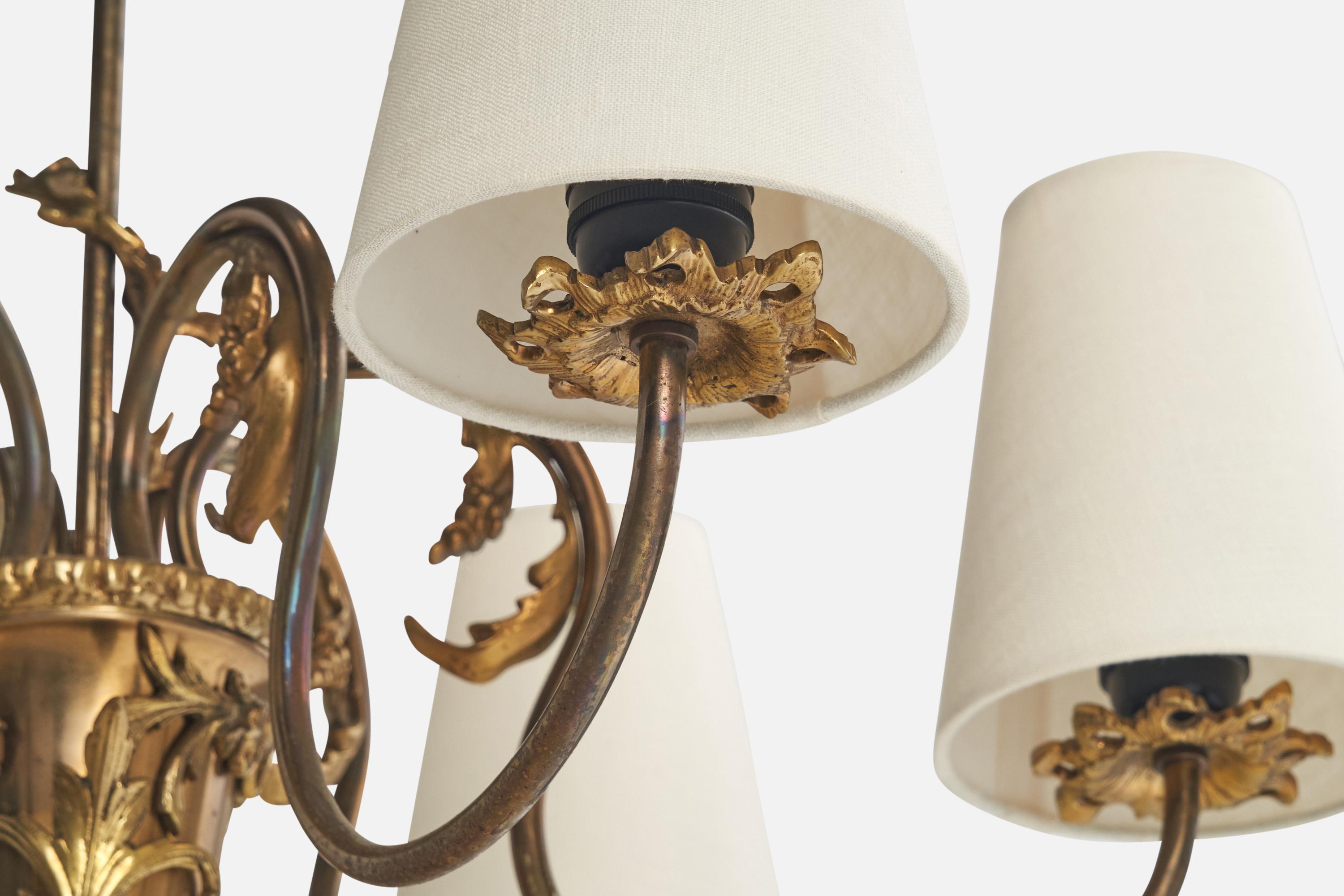 Lampadario di design francese, ottone, tessuto, Francia, anni '1940 in vendita 4