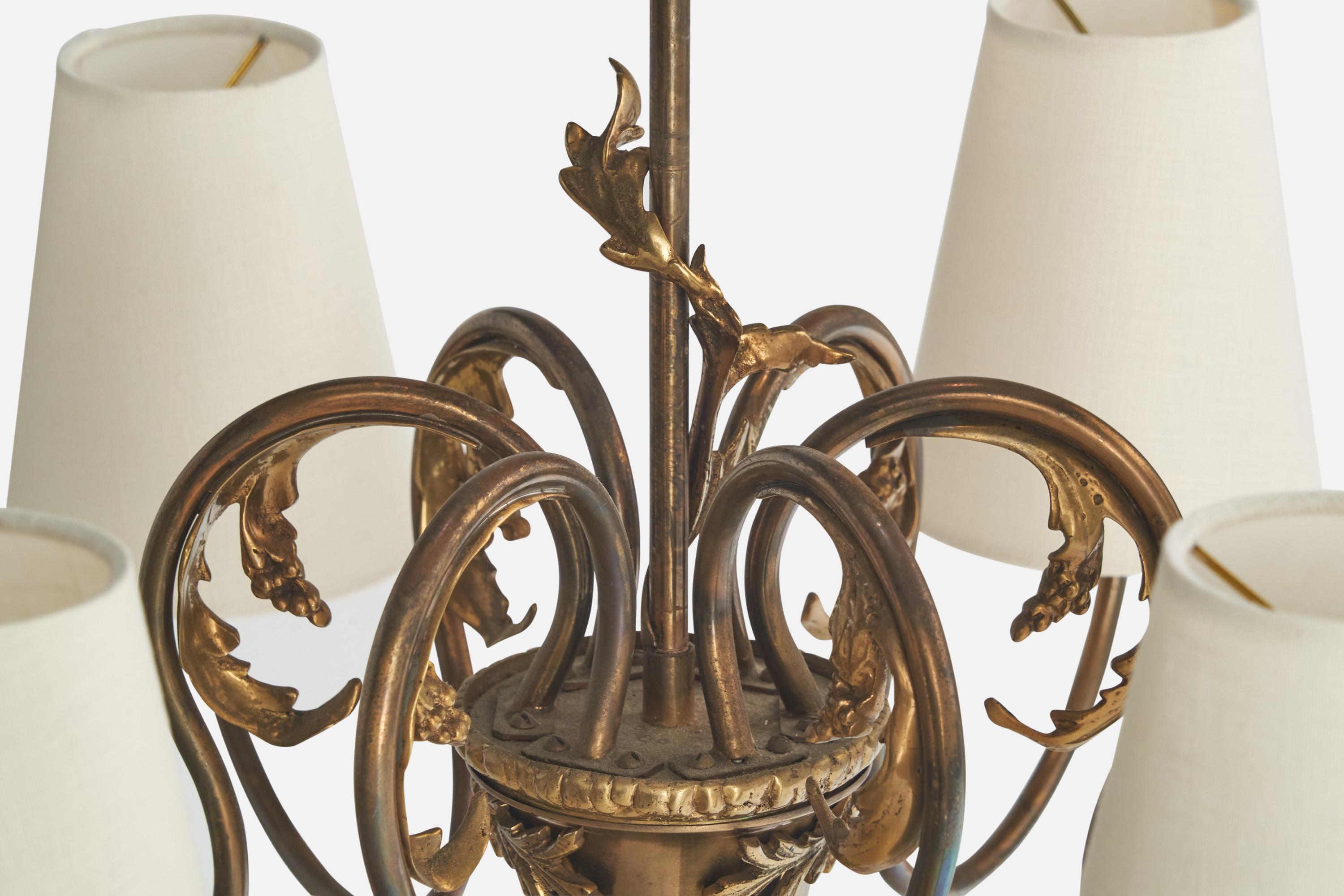 Lampadario di design francese, ottone, tessuto, Francia, anni '1940 in vendita 6