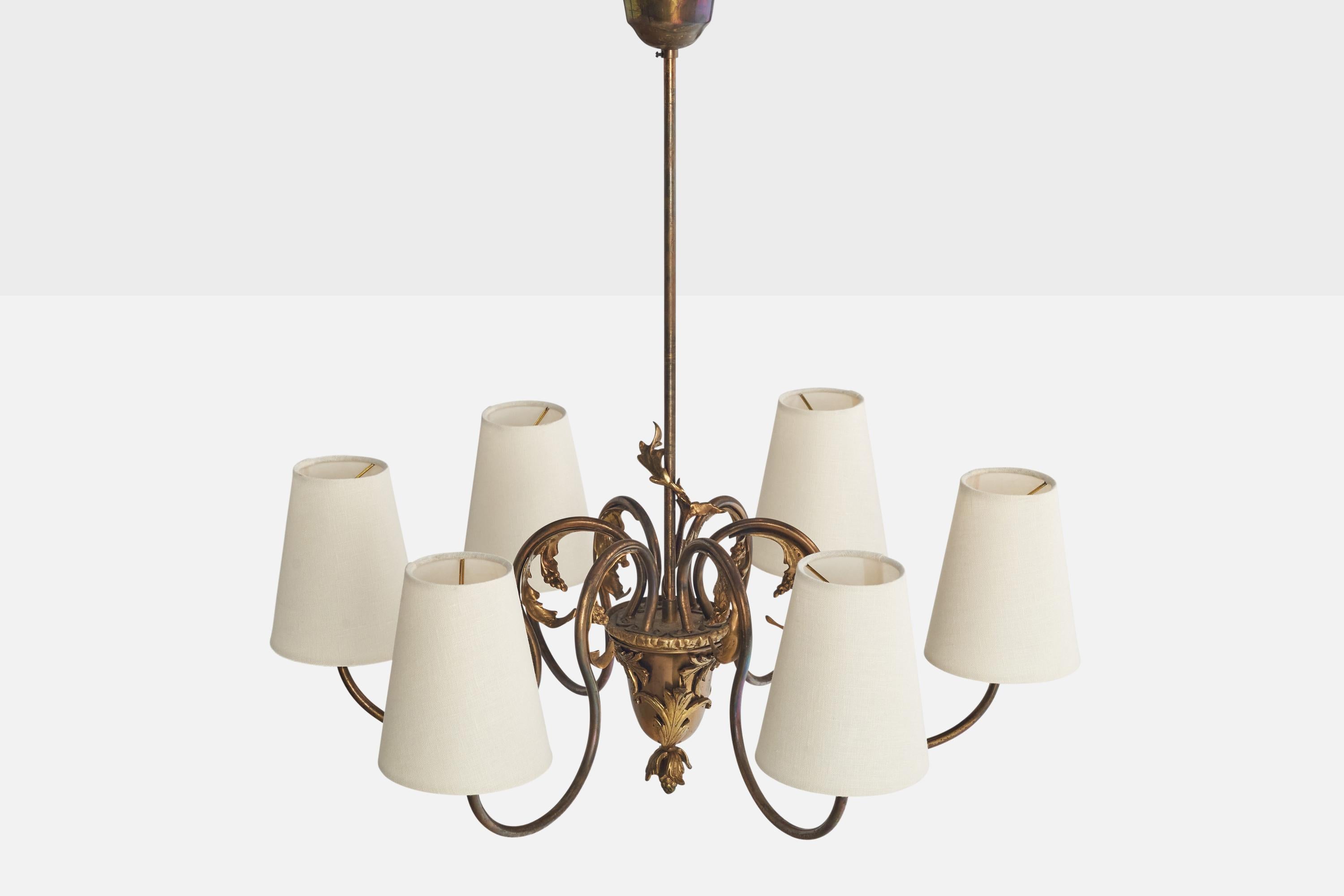 Ottone Lampadario di design francese, ottone, tessuto, Francia, anni '1940 in vendita