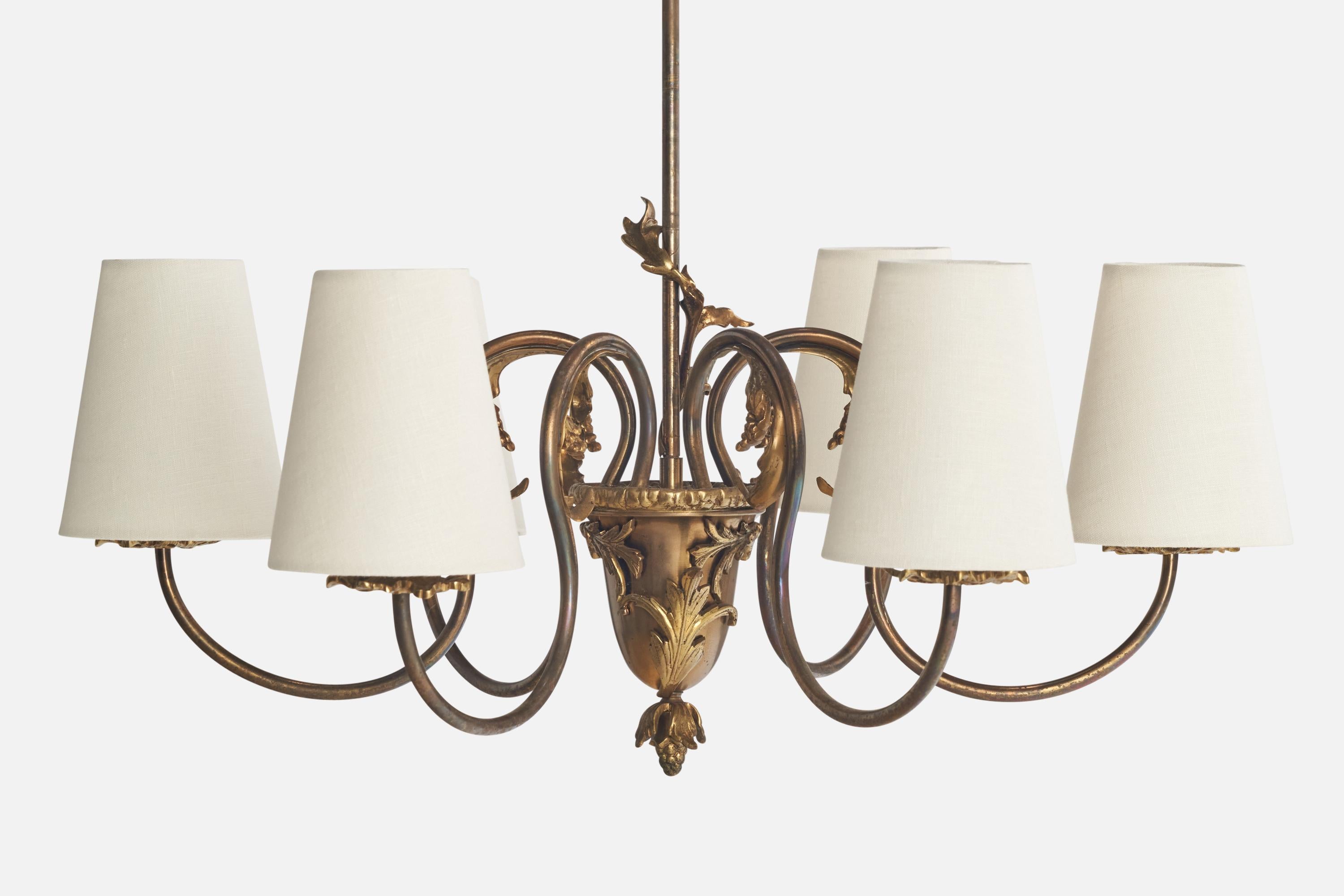 Lampadario di design francese, ottone, tessuto, Francia, anni '1940 in vendita 1