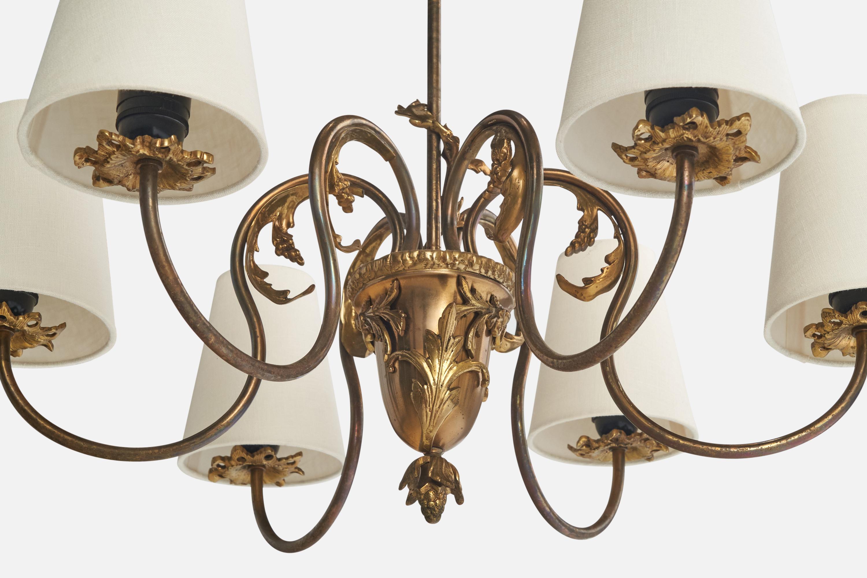 Lampadario di design francese, ottone, tessuto, Francia, anni '1940 in vendita 3