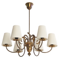 French Designer, Chandelier, Brass, Fabric, France, 1940s