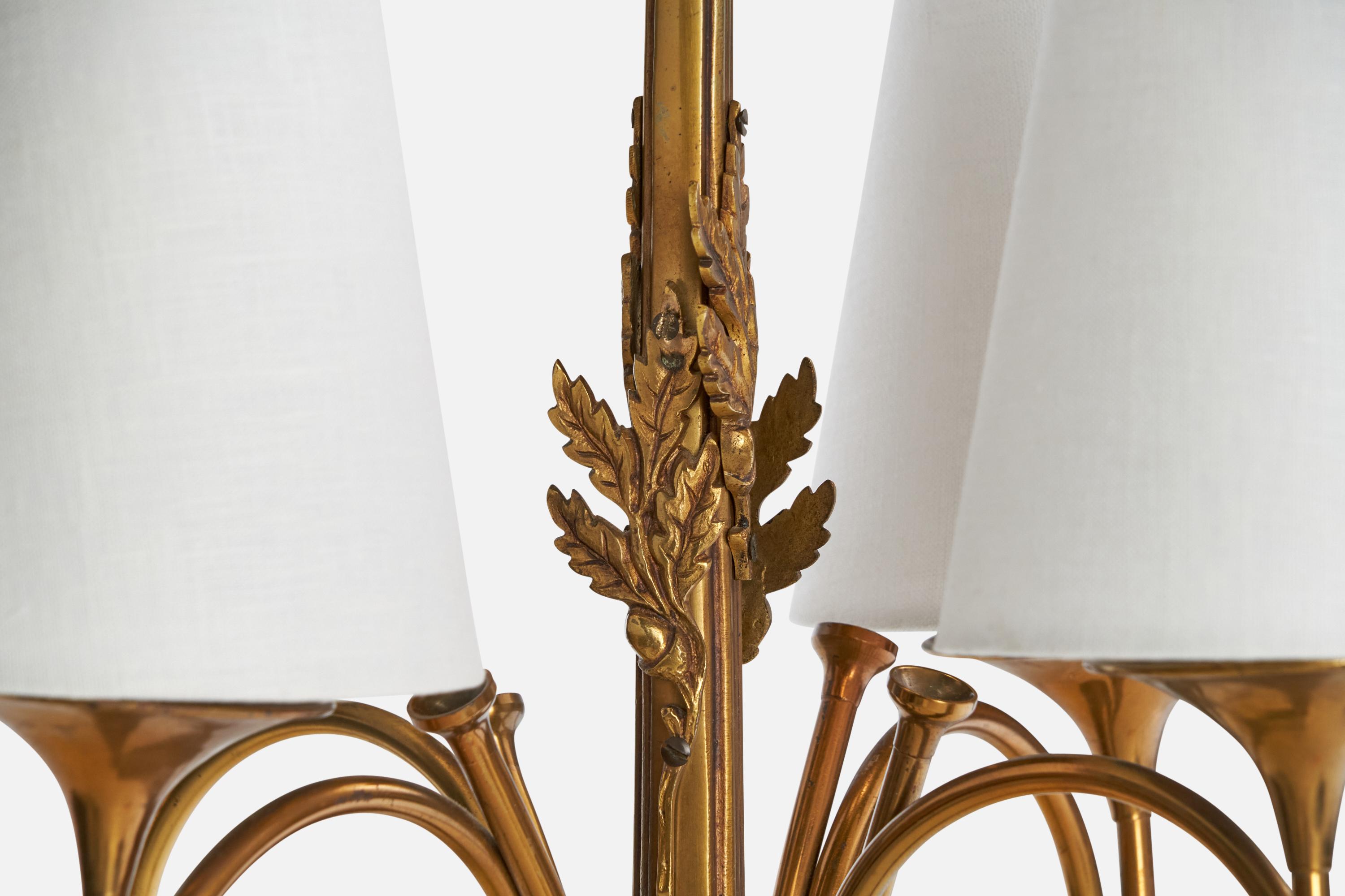 Lampadario di design francese, ottone, tessuto, Francia, anni '1950 in vendita 4