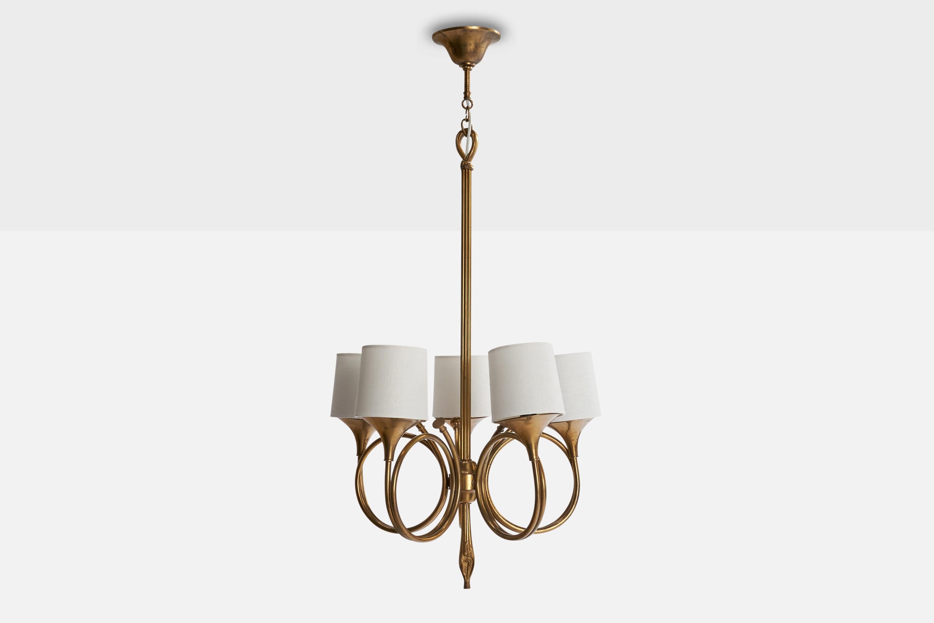 Mid-Century Modern French Designer, Chandelier, Brass, Fabric, France, 1950s For Sale