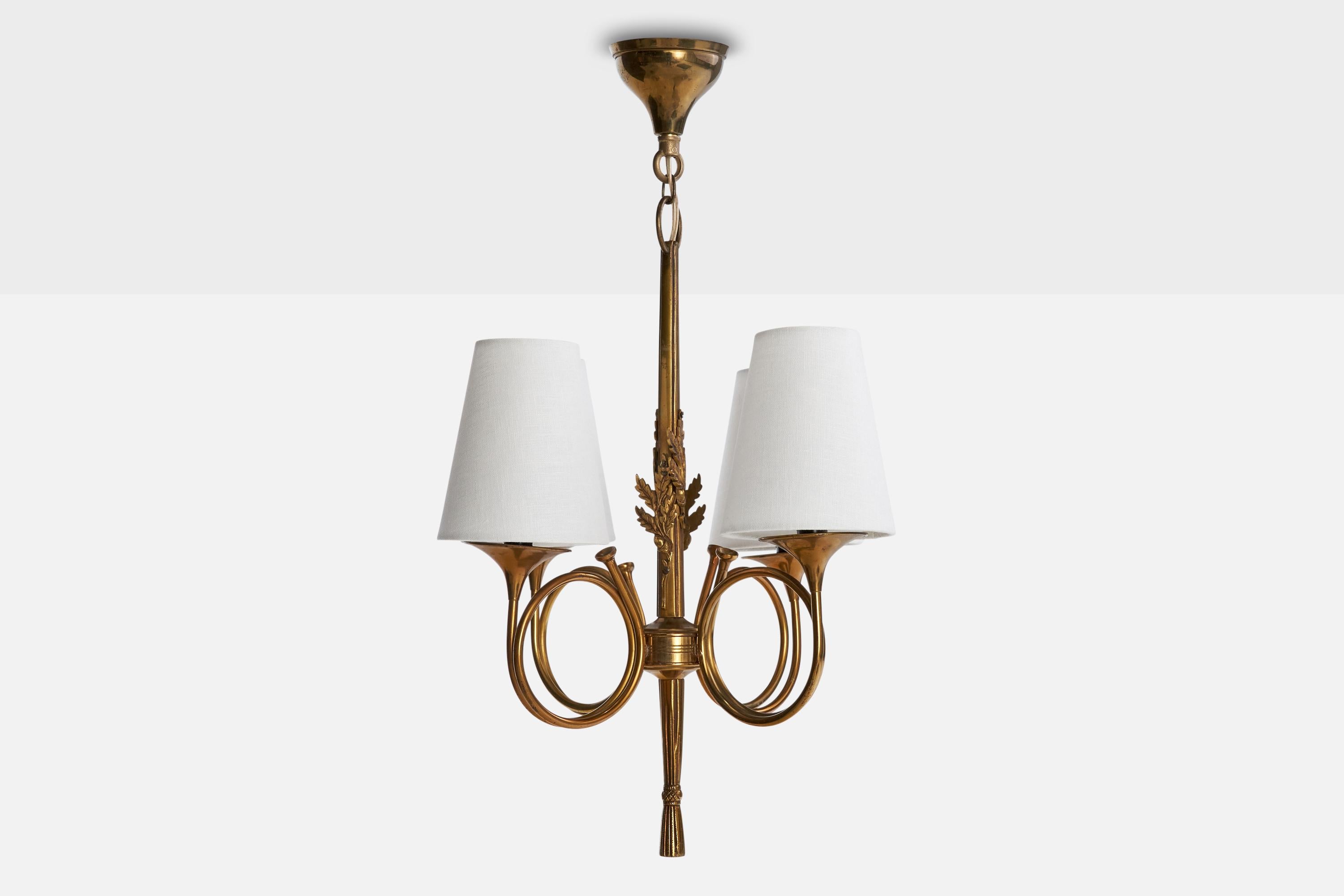 Francese Lampadario di design francese, ottone, tessuto, Francia, anni '1950 in vendita