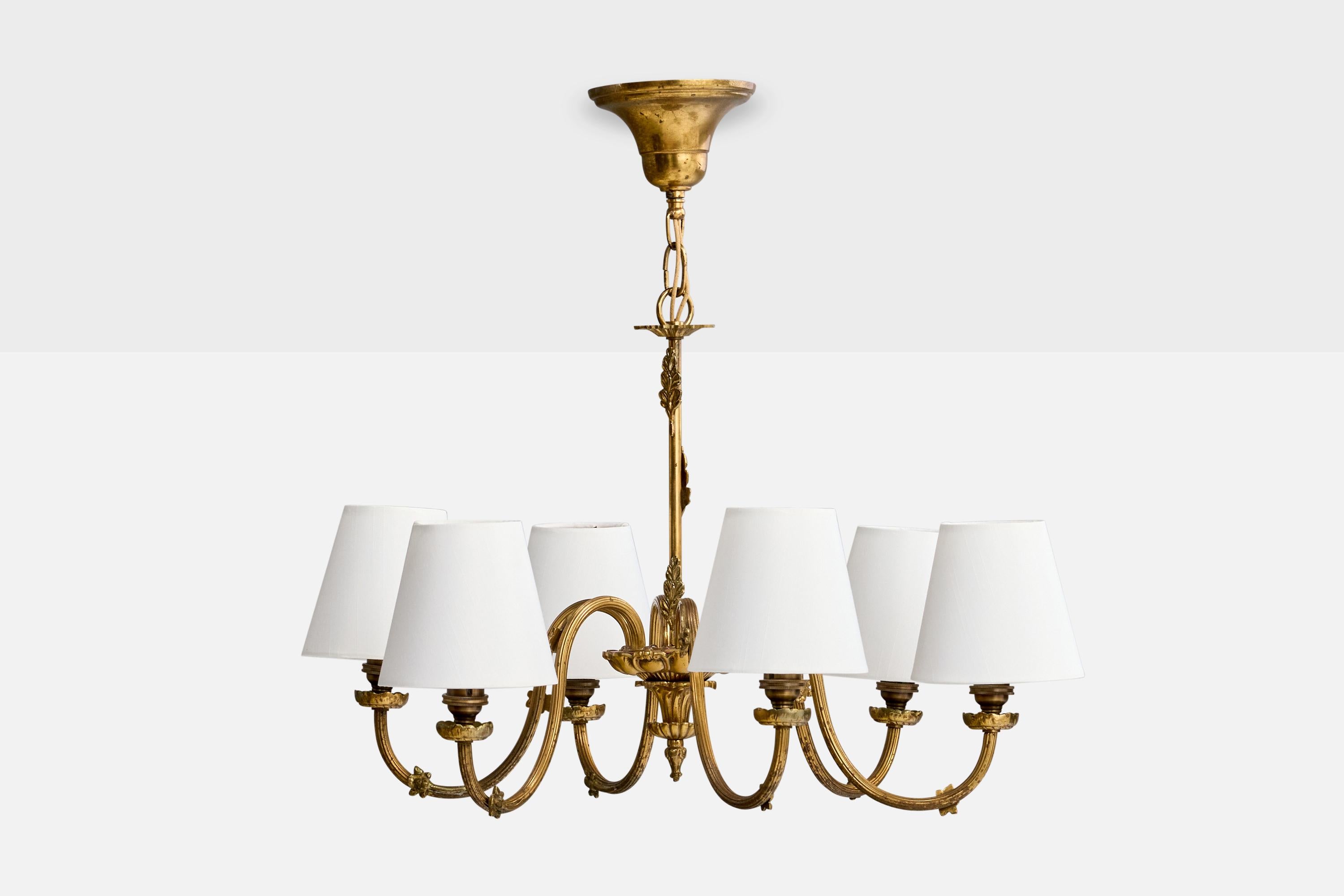 Mid-Century moderno Lampadario di design francese, ottone, tessuto, Francia, anni '1950 in vendita