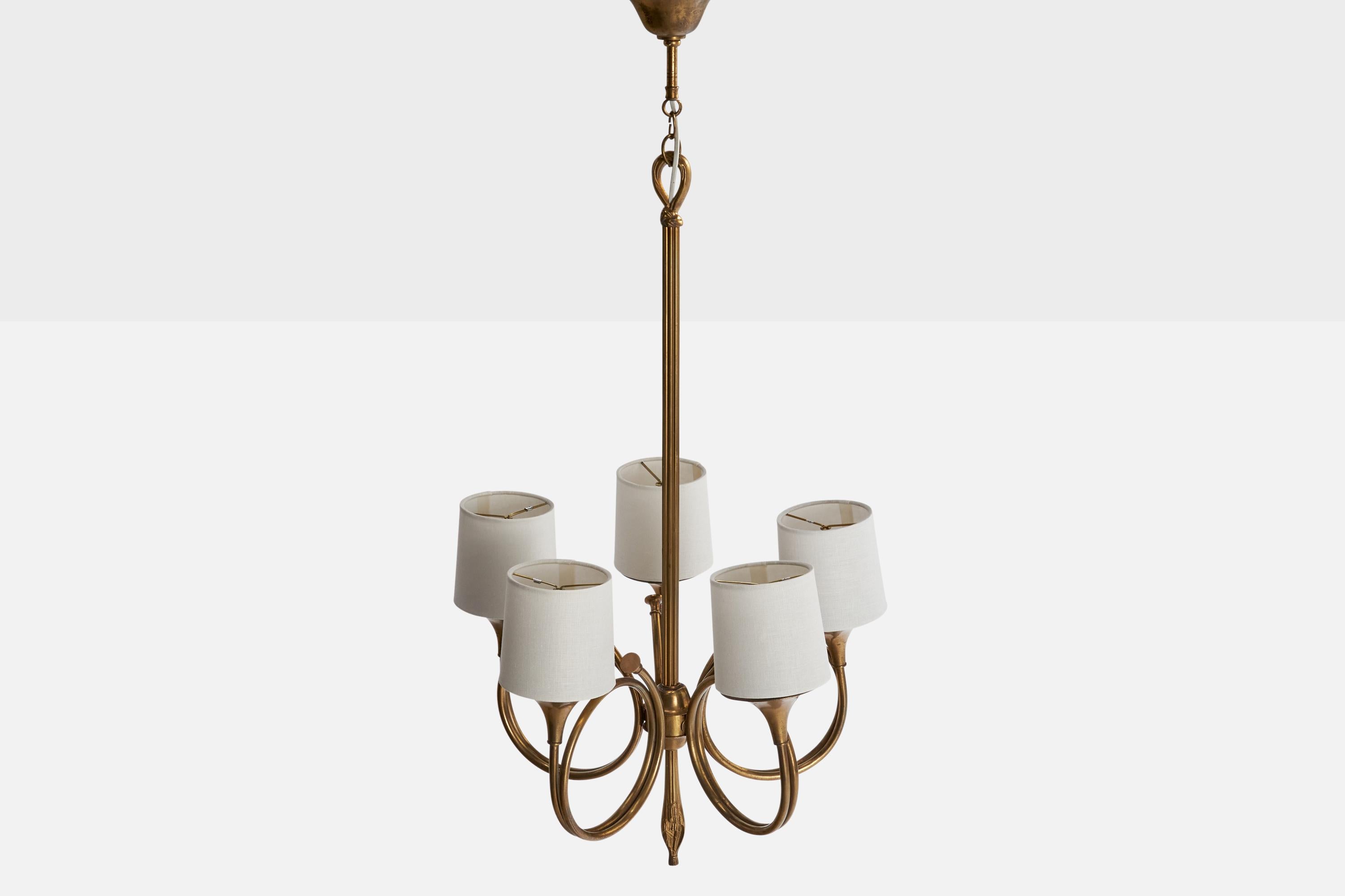 French Designer, Chandelier, Brass, Fabric, France, 1950s In Good Condition For Sale In High Point, NC