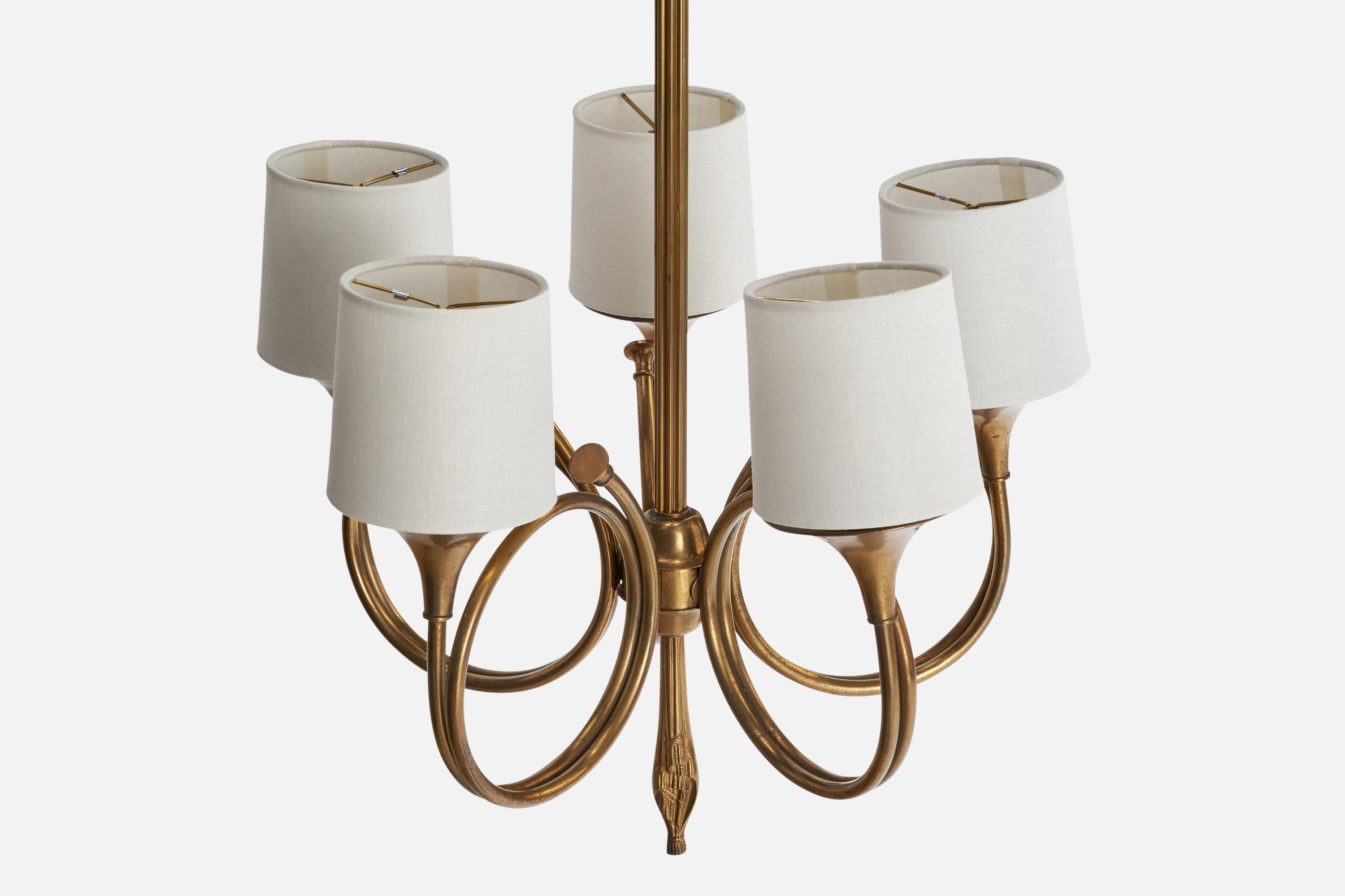 Mid-20th Century French Designer, Chandelier, Brass, Fabric, France, 1950s For Sale