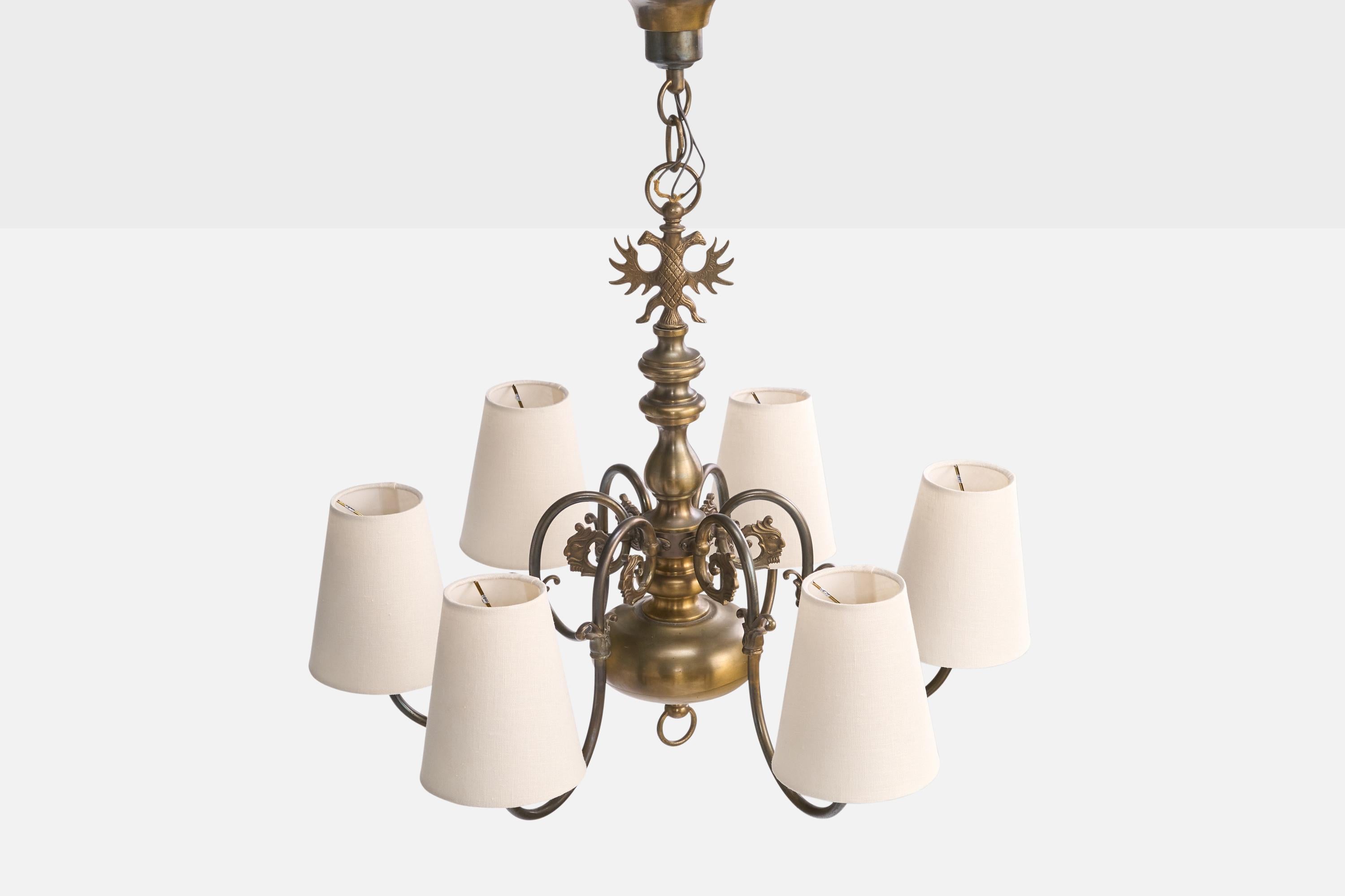 Metà XX secolo Lampadario di design francese, ottone, tessuto, Francia, anni '1950 in vendita