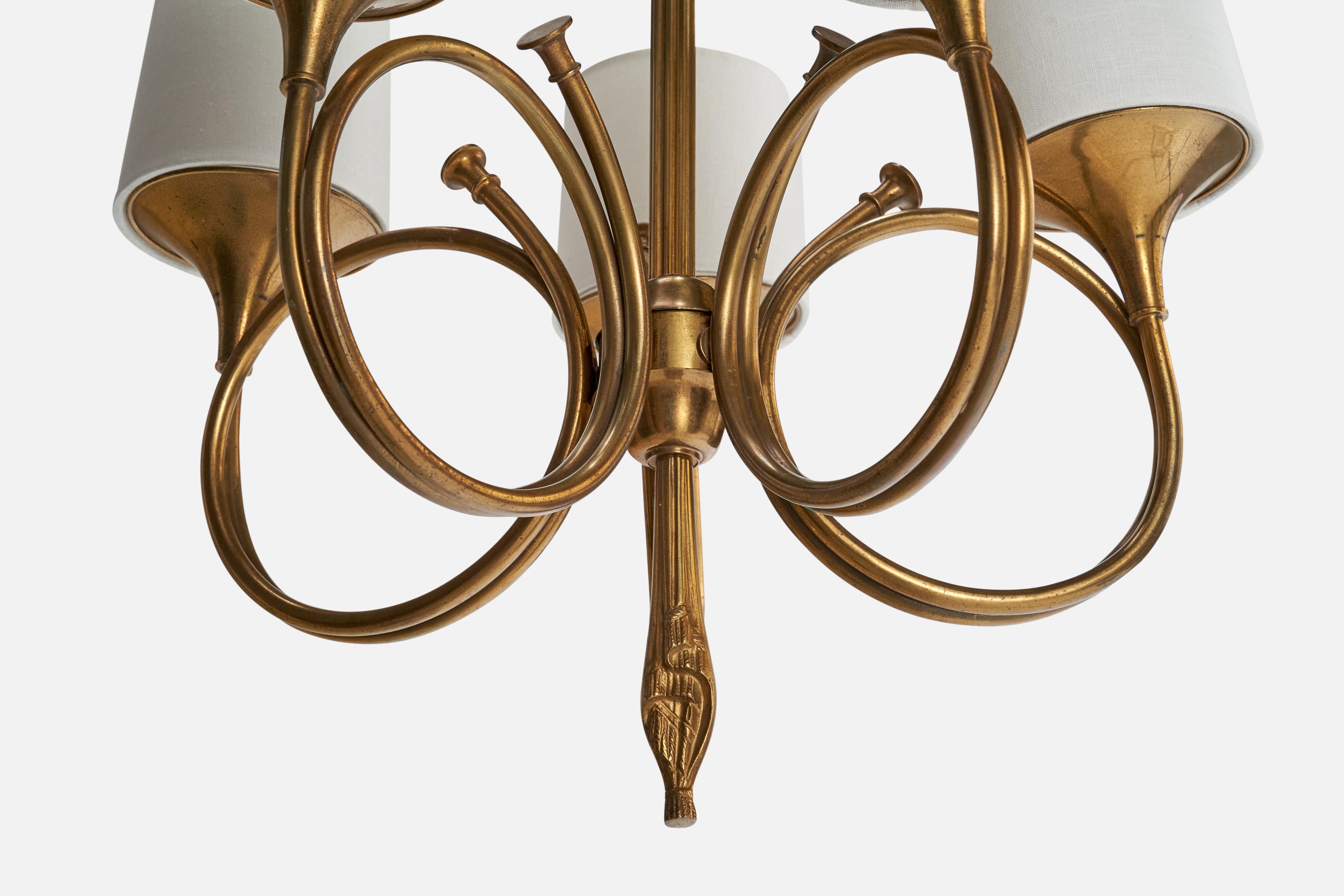 French Designer, Chandelier, Brass, Fabric, France, 1950s For Sale 1