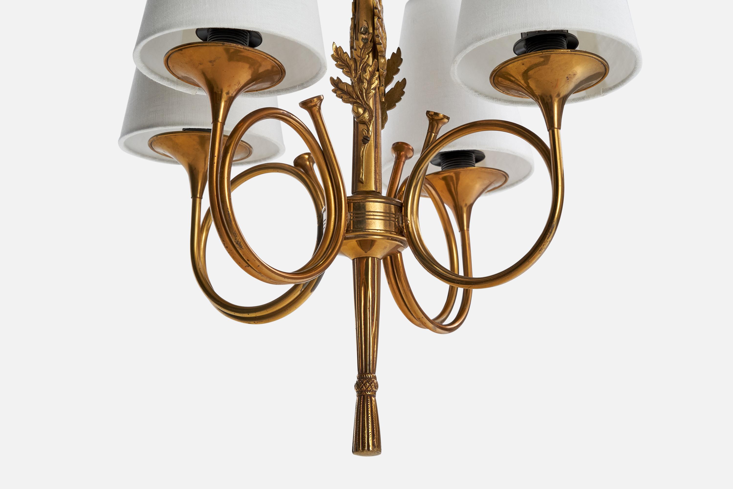 Ottone Lampadario di design francese, ottone, tessuto, Francia, anni '1950 in vendita