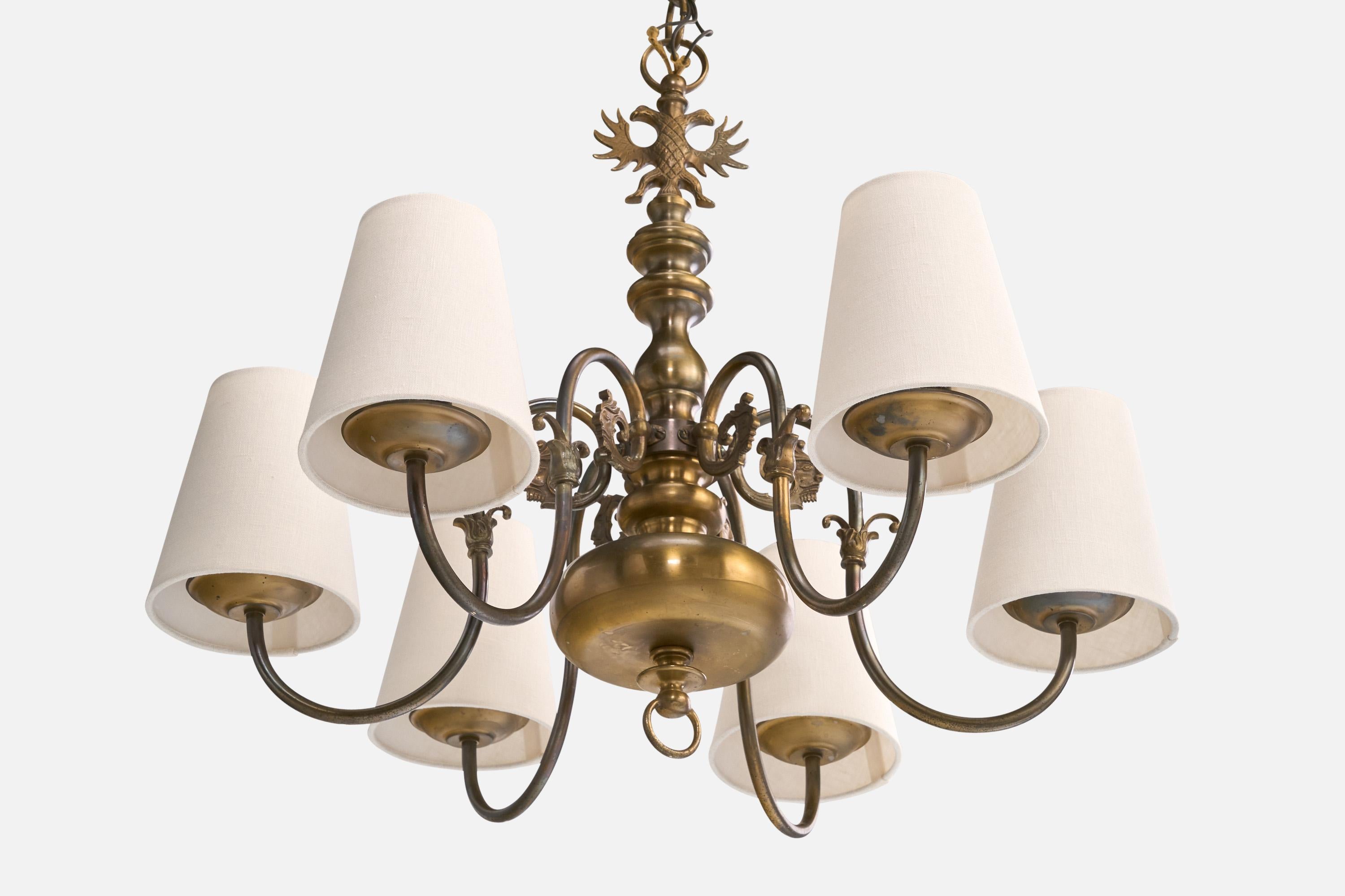 Ottone Lampadario di design francese, ottone, tessuto, Francia, anni '1950 in vendita