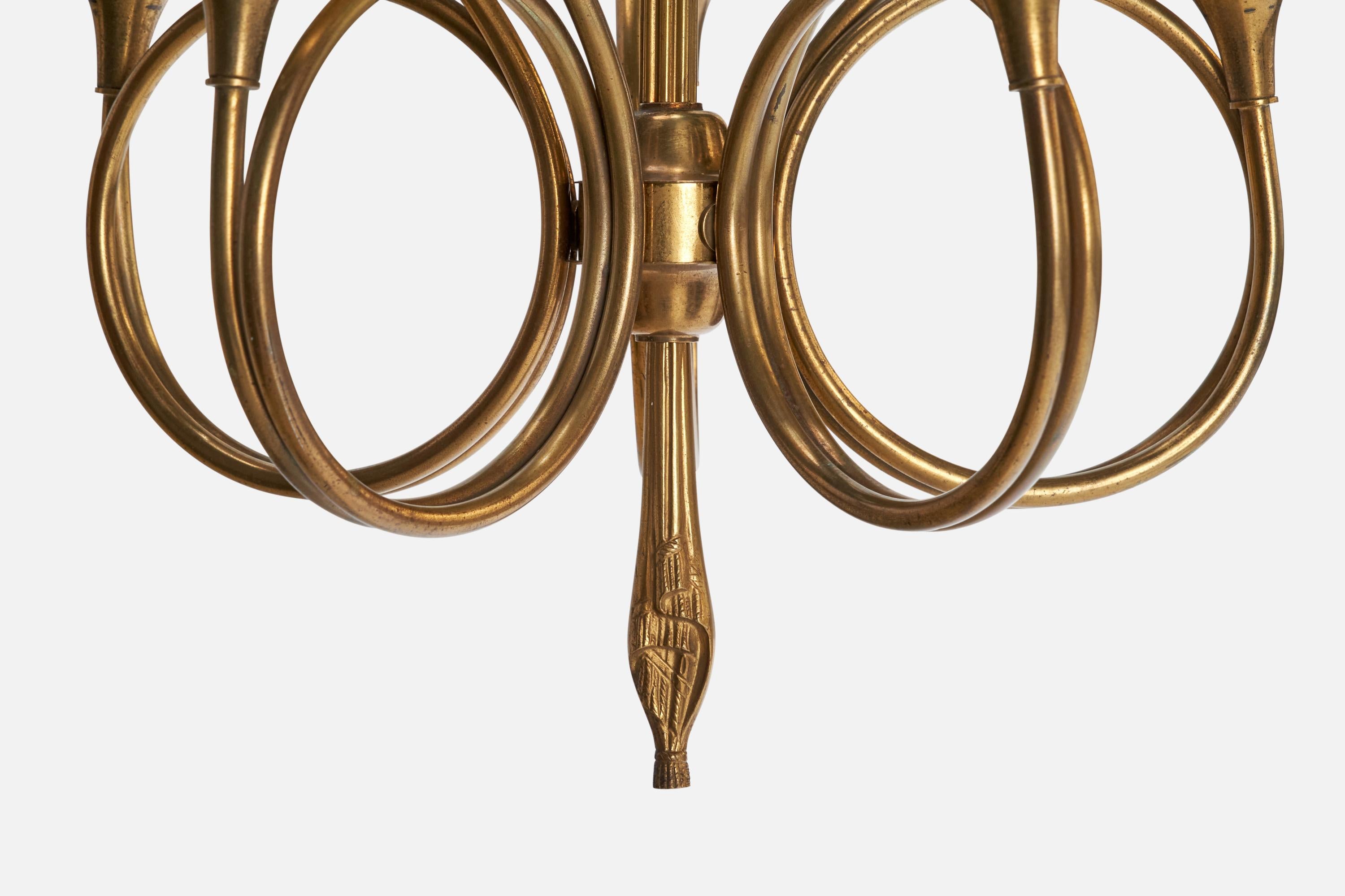 French Designer, Chandelier, Brass, Fabric, France, 1950s For Sale 2