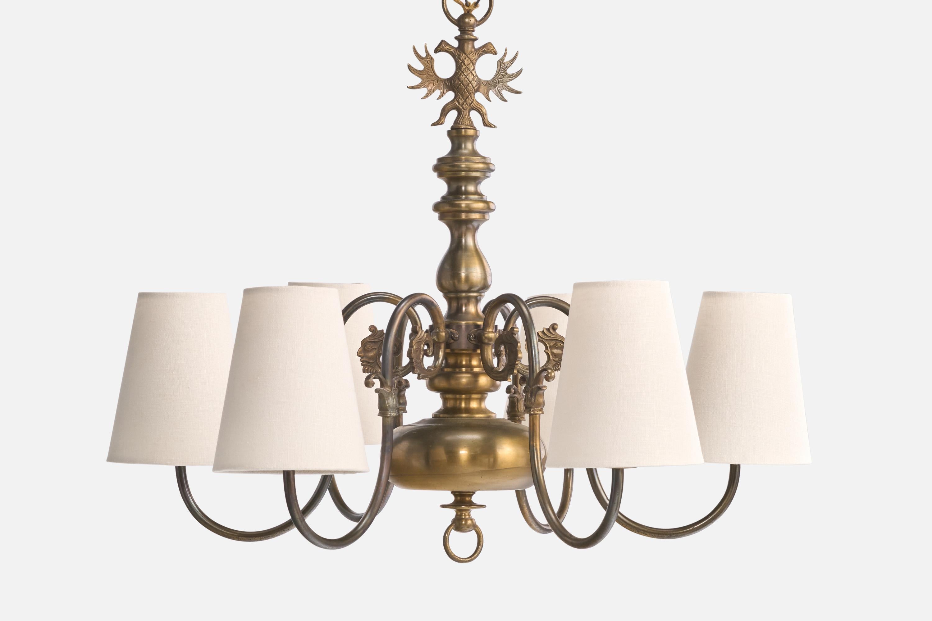 Lampadario di design francese, ottone, tessuto, Francia, anni '1950 in vendita 1