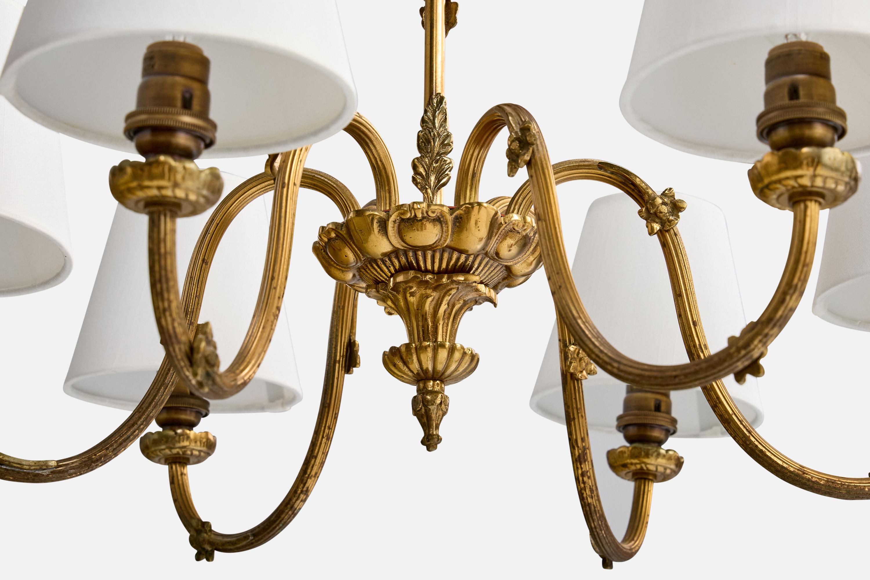 Ottone Lampadario di design francese, ottone, tessuto, Francia, anni '1950 in vendita