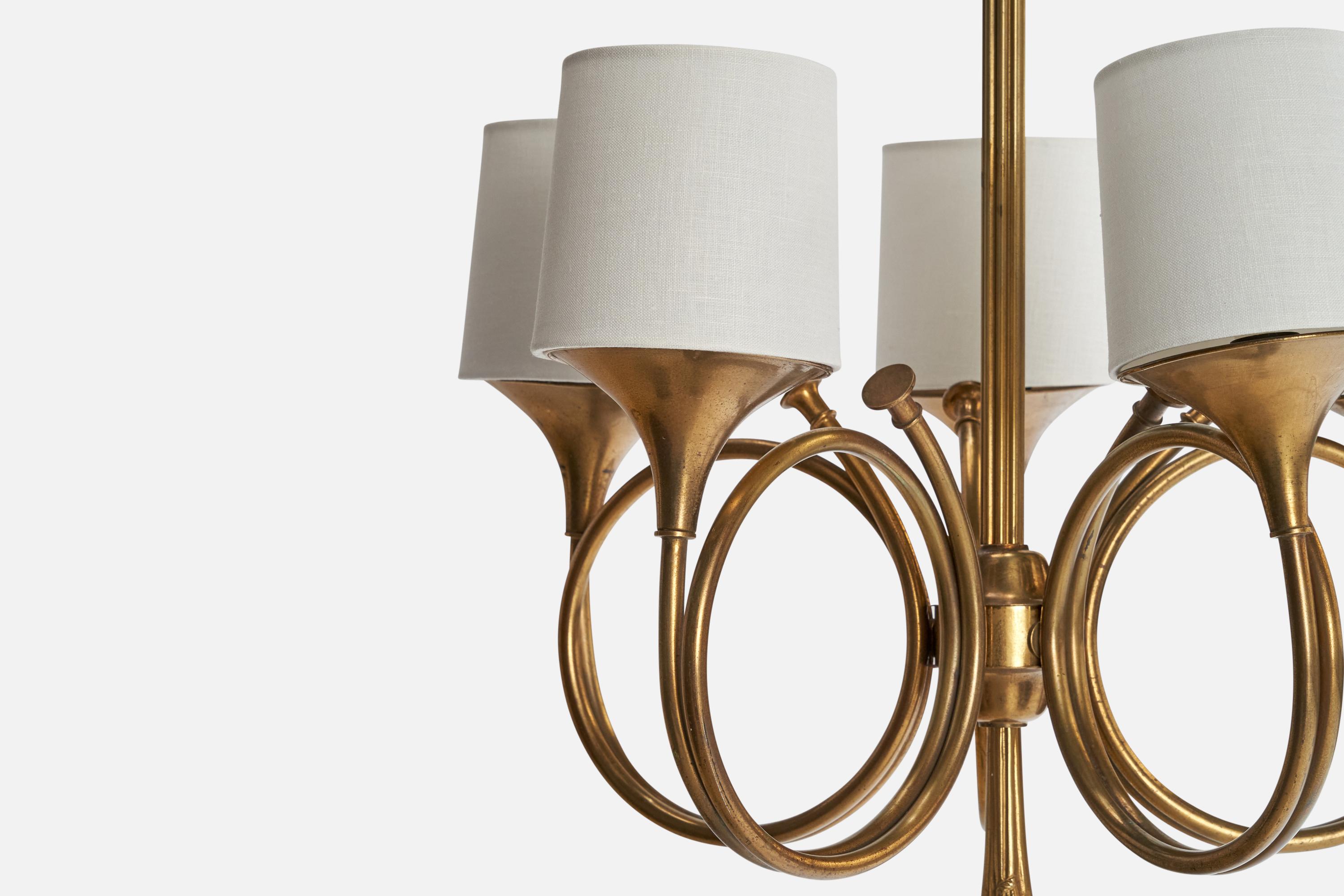 French Designer, Chandelier, Brass, Fabric, France, 1950s For Sale 3