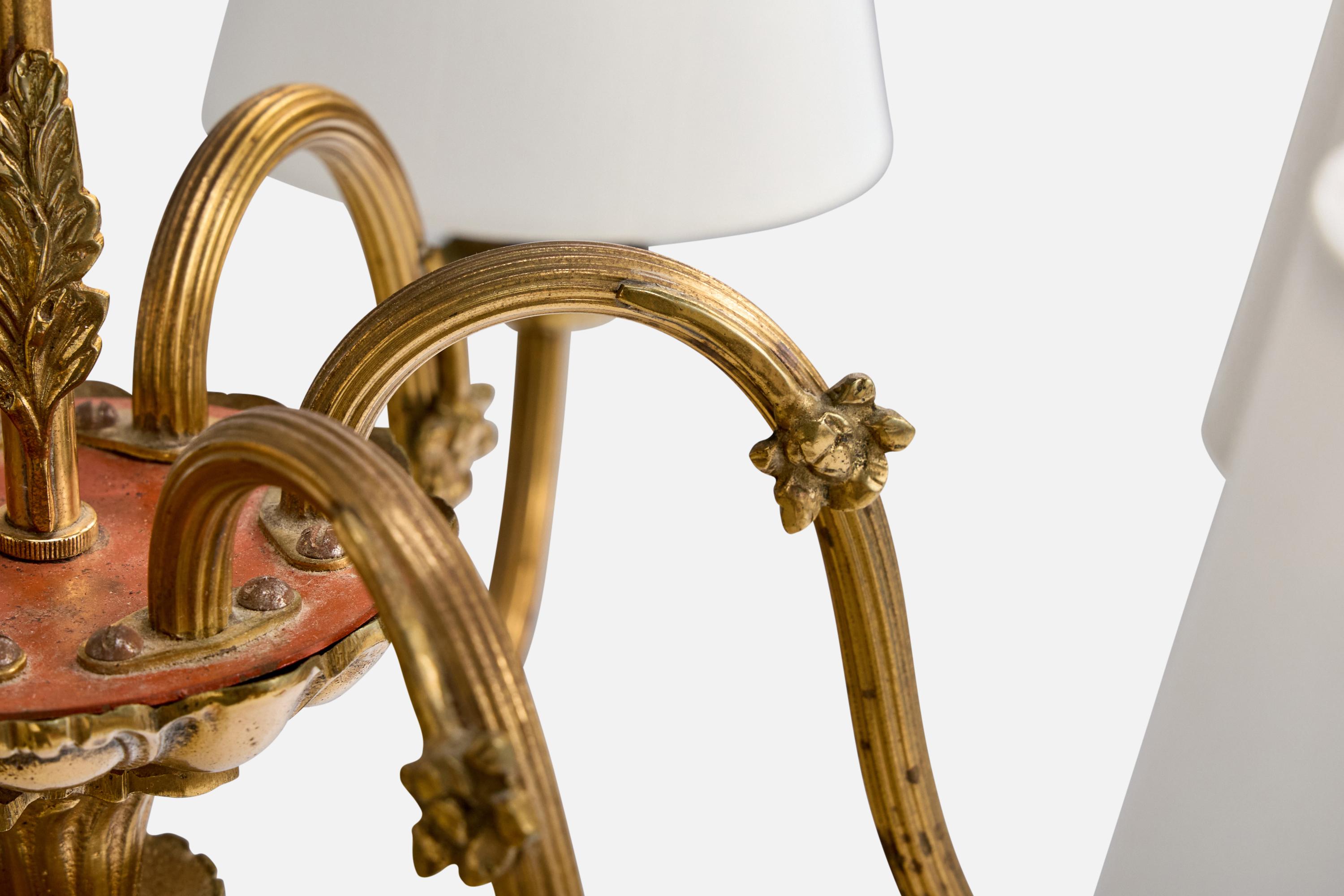 Lampadario di design francese, ottone, tessuto, Francia, anni '1950 in vendita 1