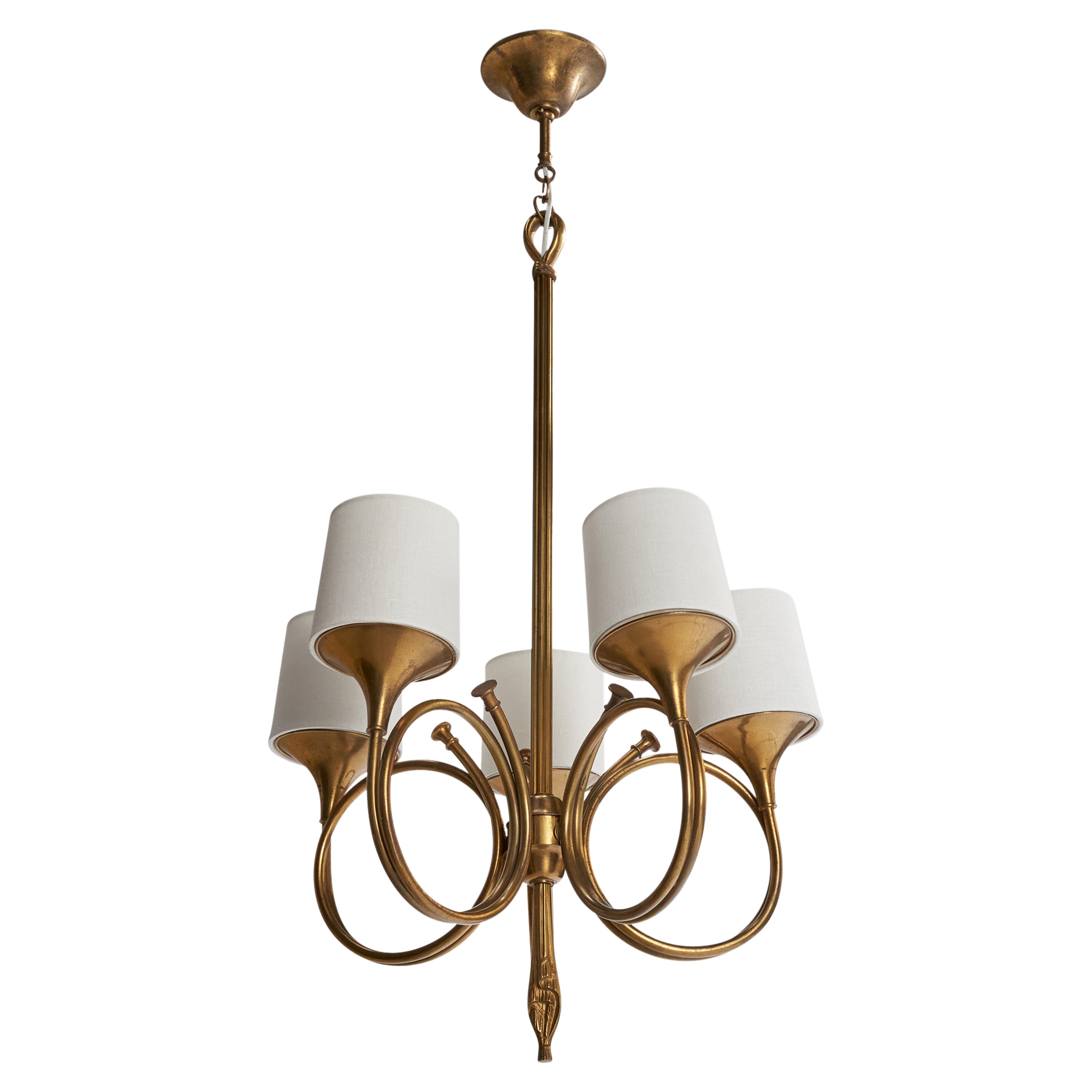 Lampadario di design francese, ottone, tessuto, Francia, anni '50