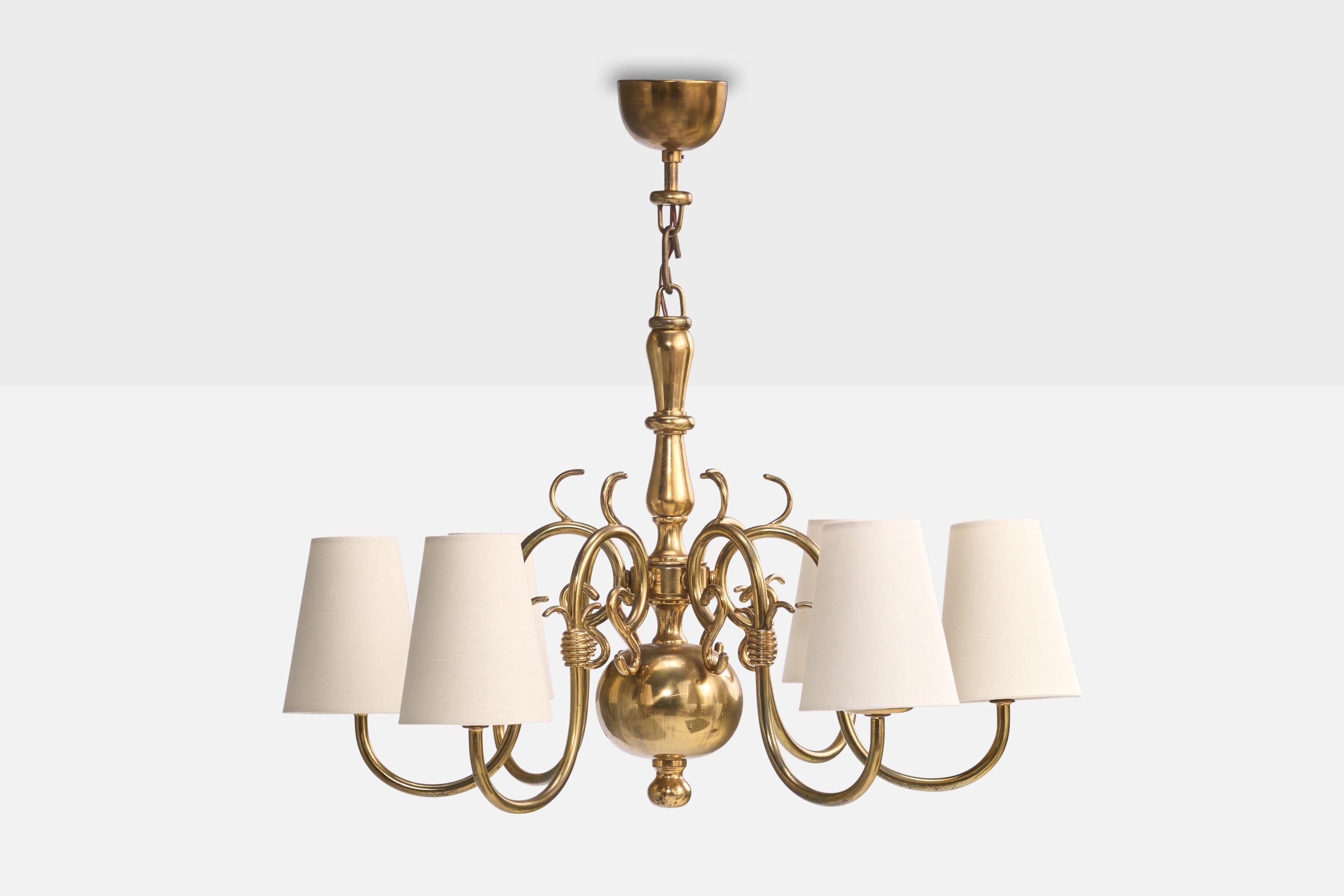 French Designer, Chandelier, Brass, Fabric, France, 1960s In Good Condition For Sale In High Point, NC