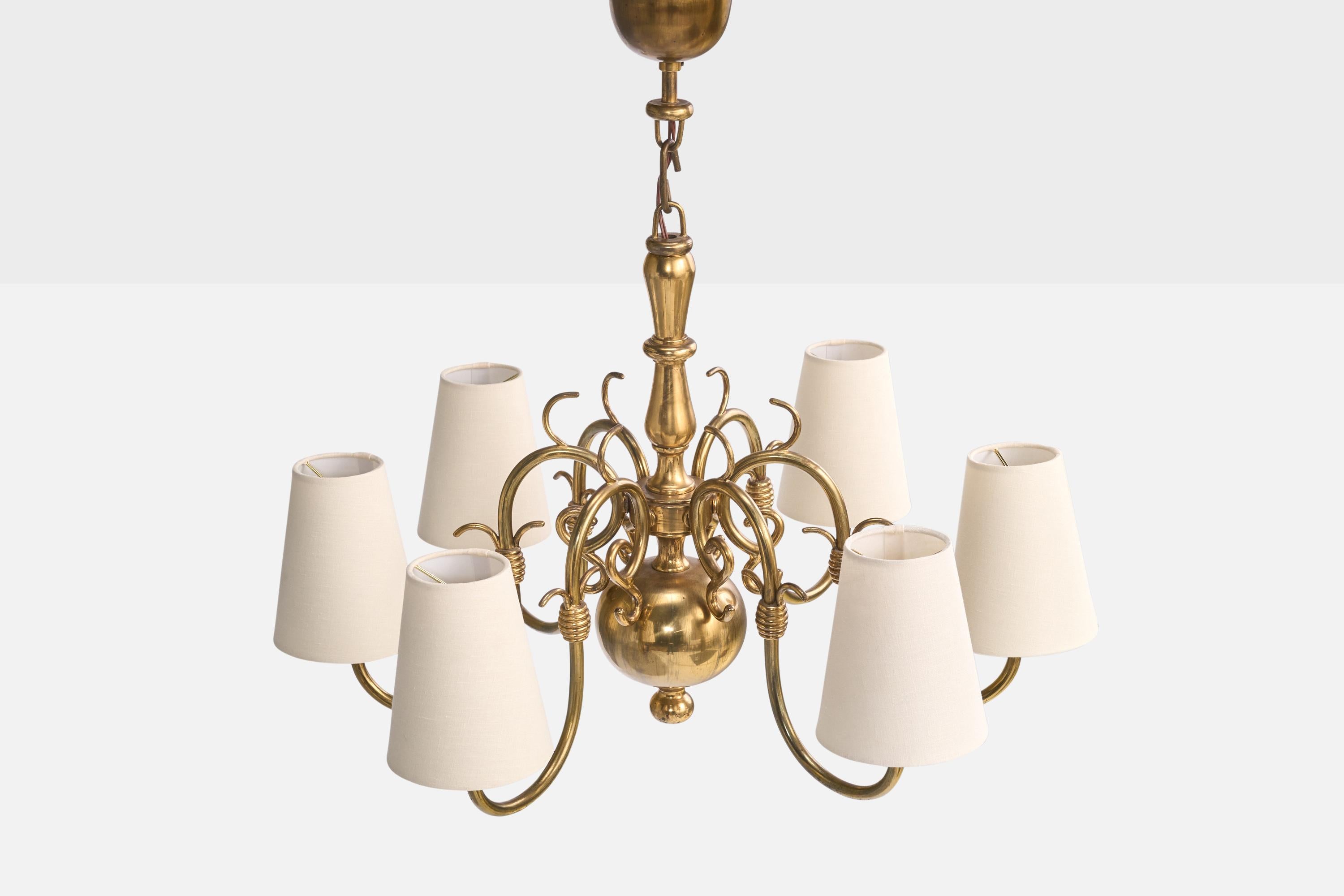 Mid-20th Century French Designer, Chandelier, Brass, Fabric, France, 1960s For Sale