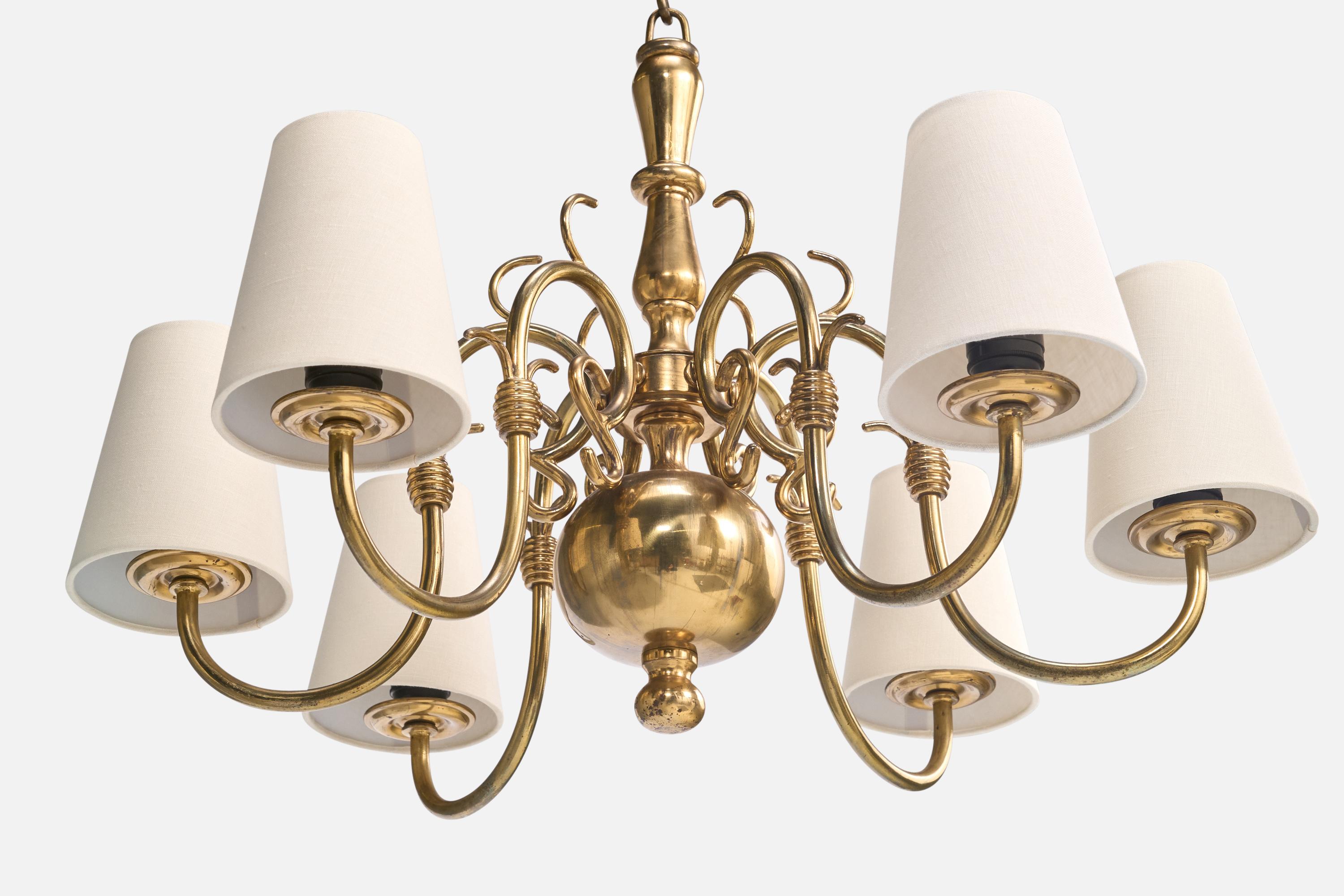 French Designer, Chandelier, Brass, Fabric, France, 1960s For Sale 1