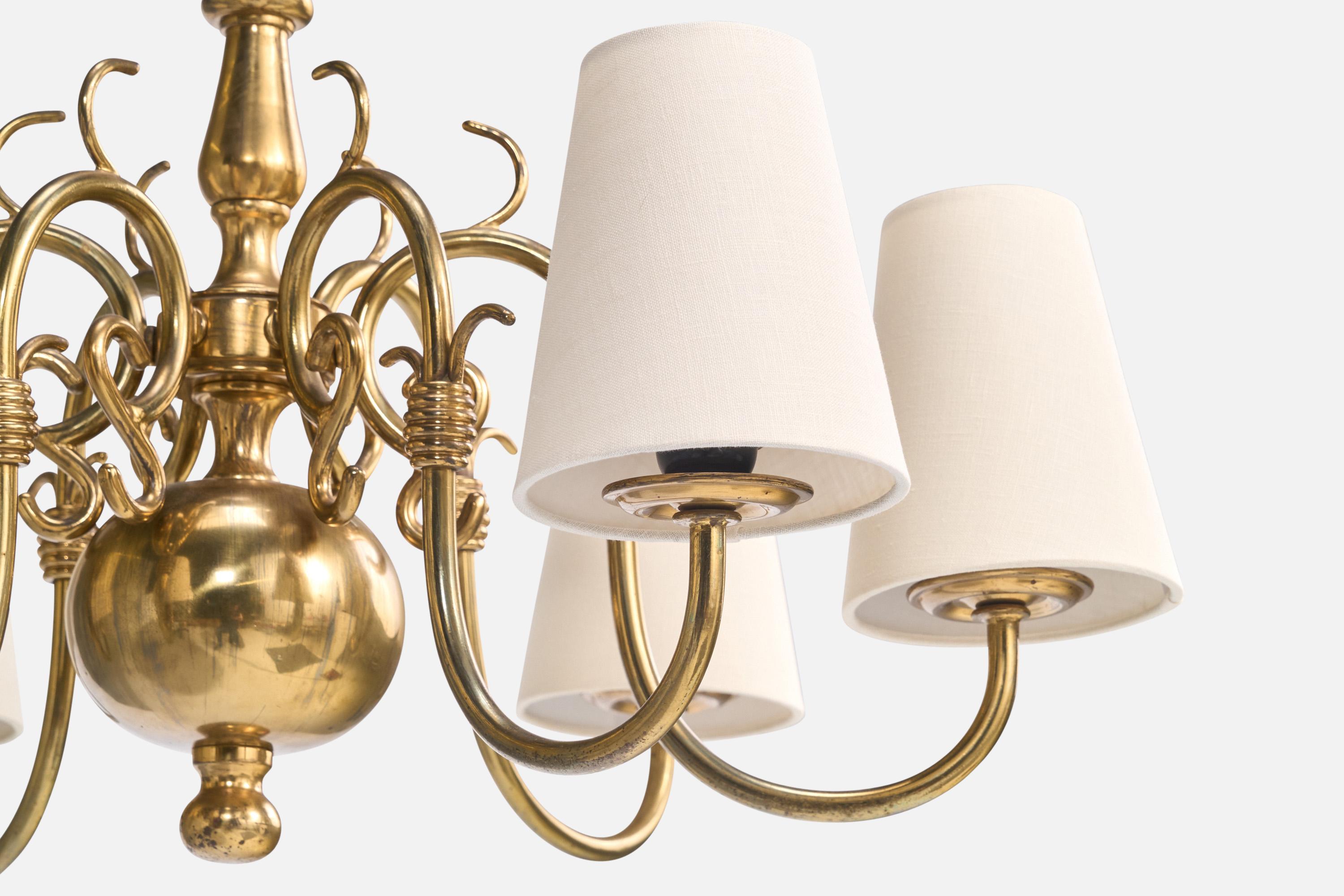 French Designer, Chandelier, Brass, Fabric, France, 1960s For Sale 2