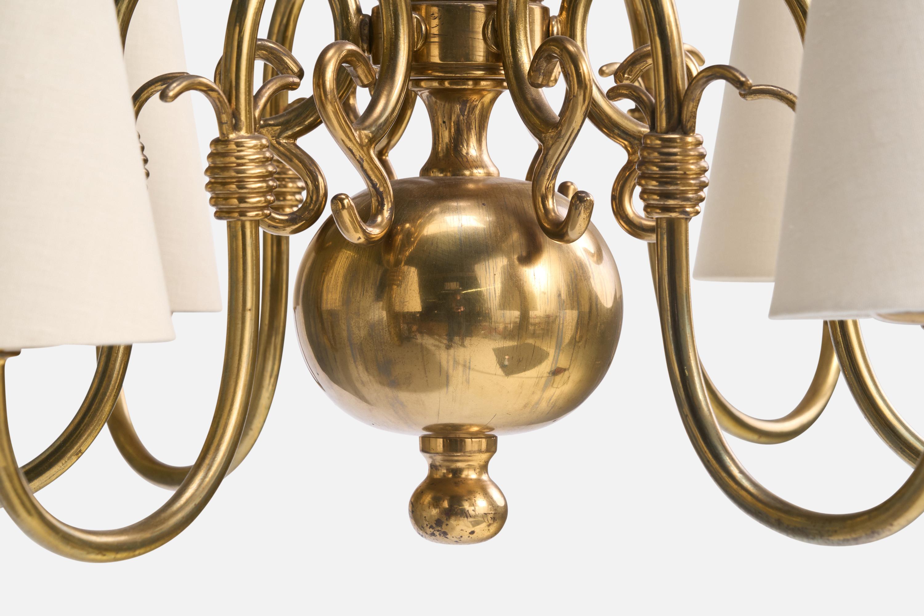 French Designer, Chandelier, Brass, Fabric, France, 1960s For Sale 3