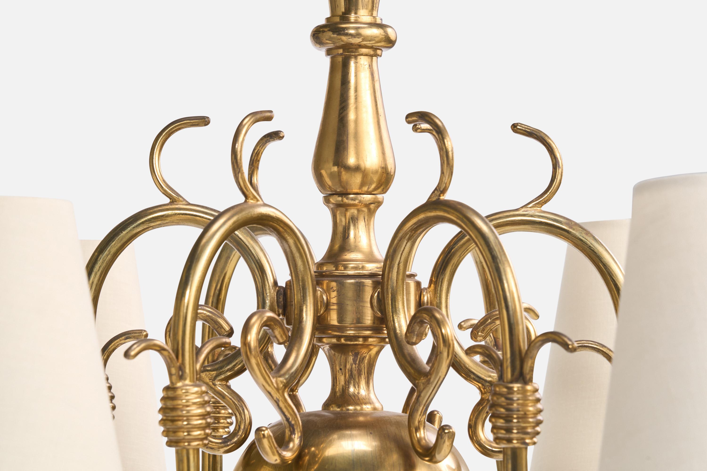 French Designer, Chandelier, Brass, Fabric, France, 1960s For Sale 4