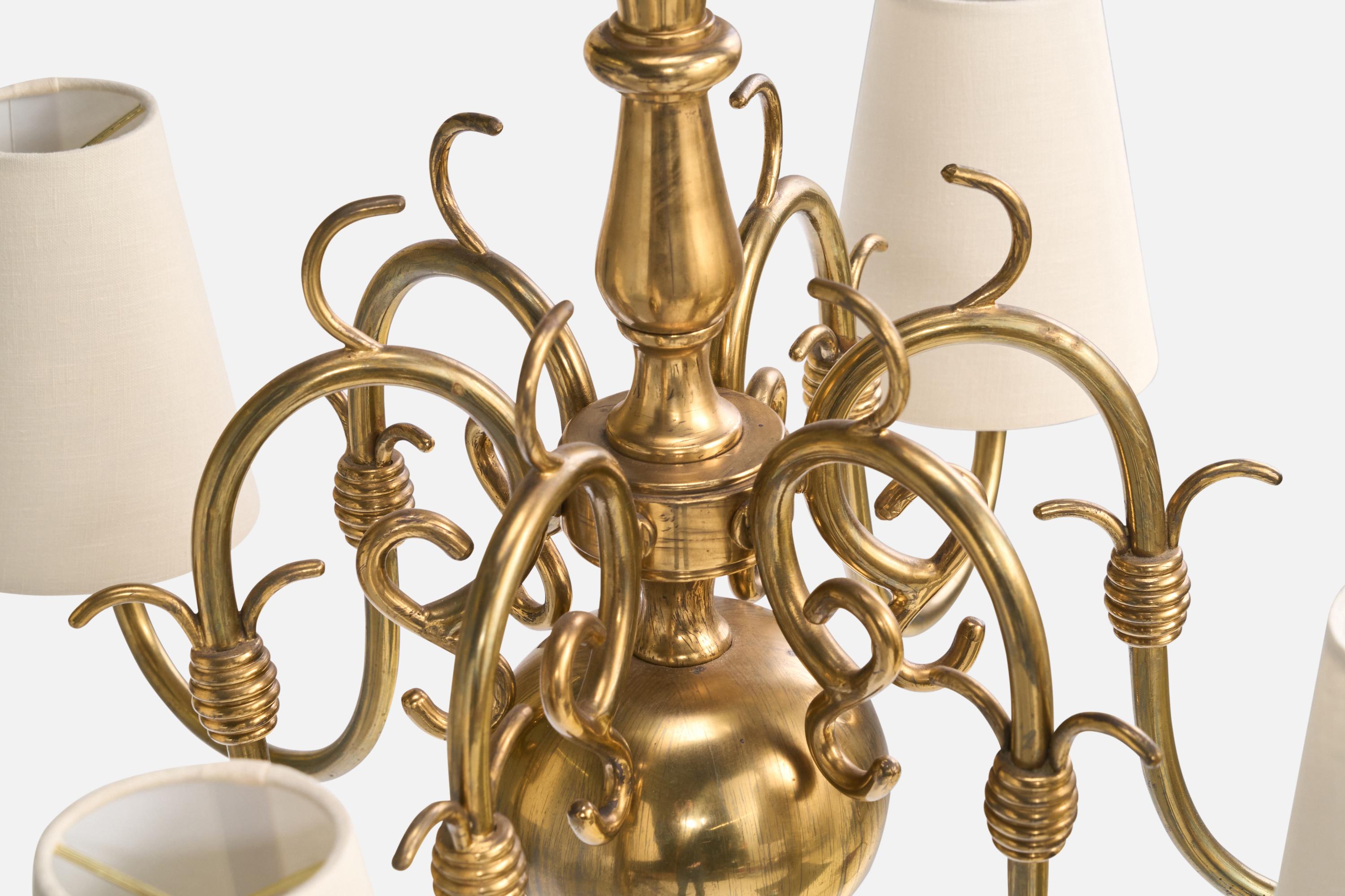 French Designer, Chandelier, Brass, Fabric, France, 1960s For Sale 5