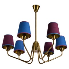 Französischer Designer, Kronleuchter, Messing, Stoff, Frankreich, 1960er Jahre