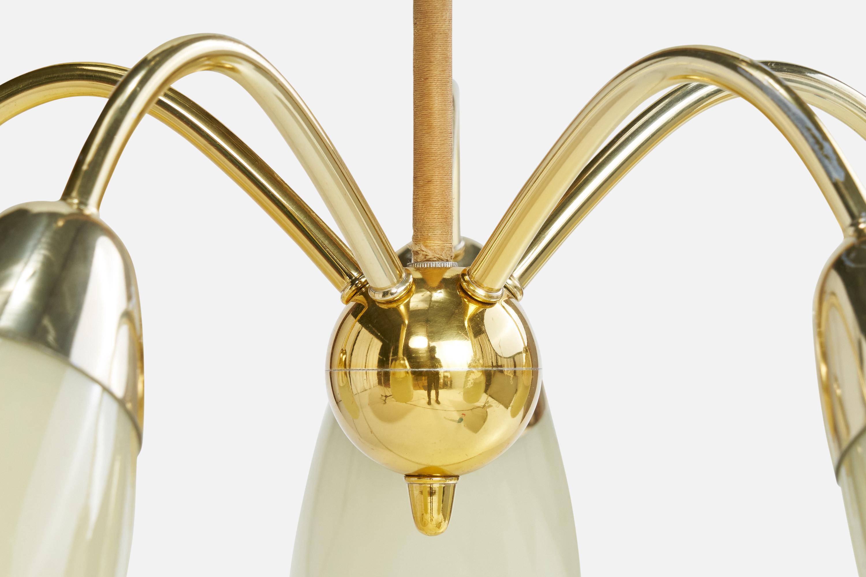 French Designer, Chandelier, Brass, Glass, Cord, France, 1950s For Sale 7