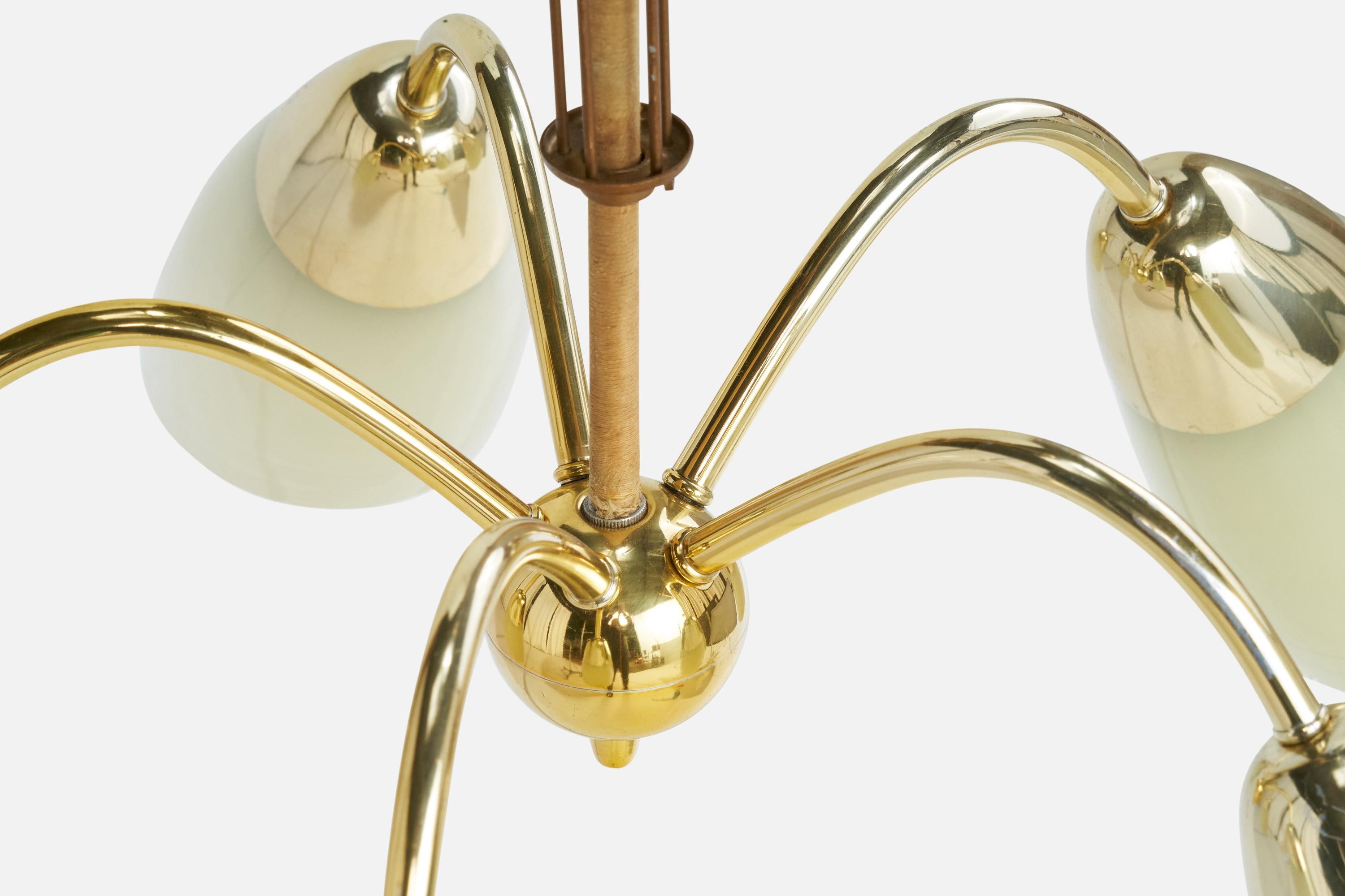 French Designer, Chandelier, Brass, Glass, Cord, France, 1950s For Sale 8