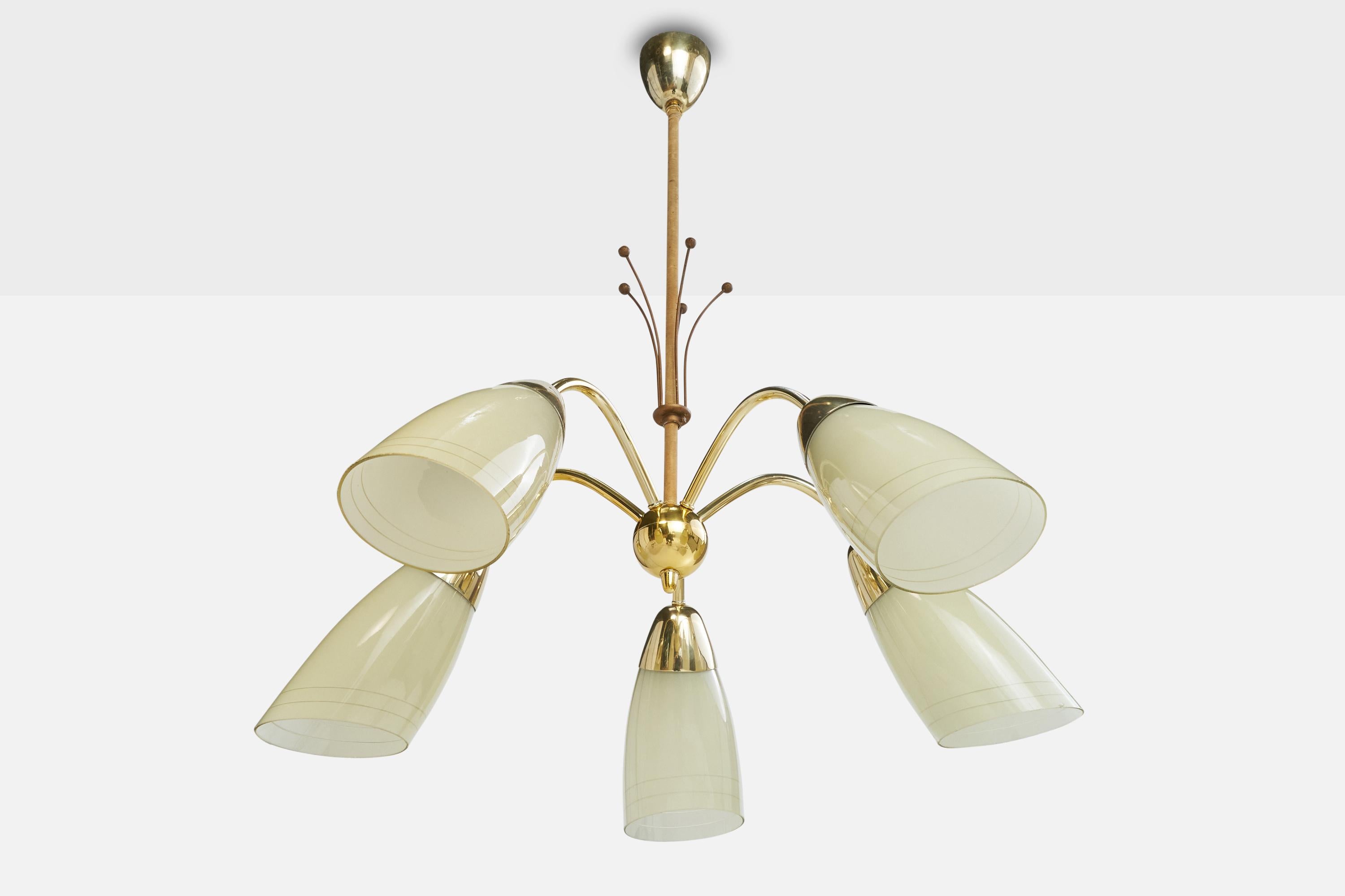 A brass, opaline glass and beige cord chandelier designed and produced in France, c. 1950s.

Overall Dimensions (inches): 28.25” H x 24” Diameter

Dimensions of Canopy: 2.75“ H x 2.75” Diameter 

Stem length: 14.75” H

Bulb Specifications: