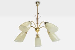 Designer français, lustre, laiton, verre, cordon, France, années 1950