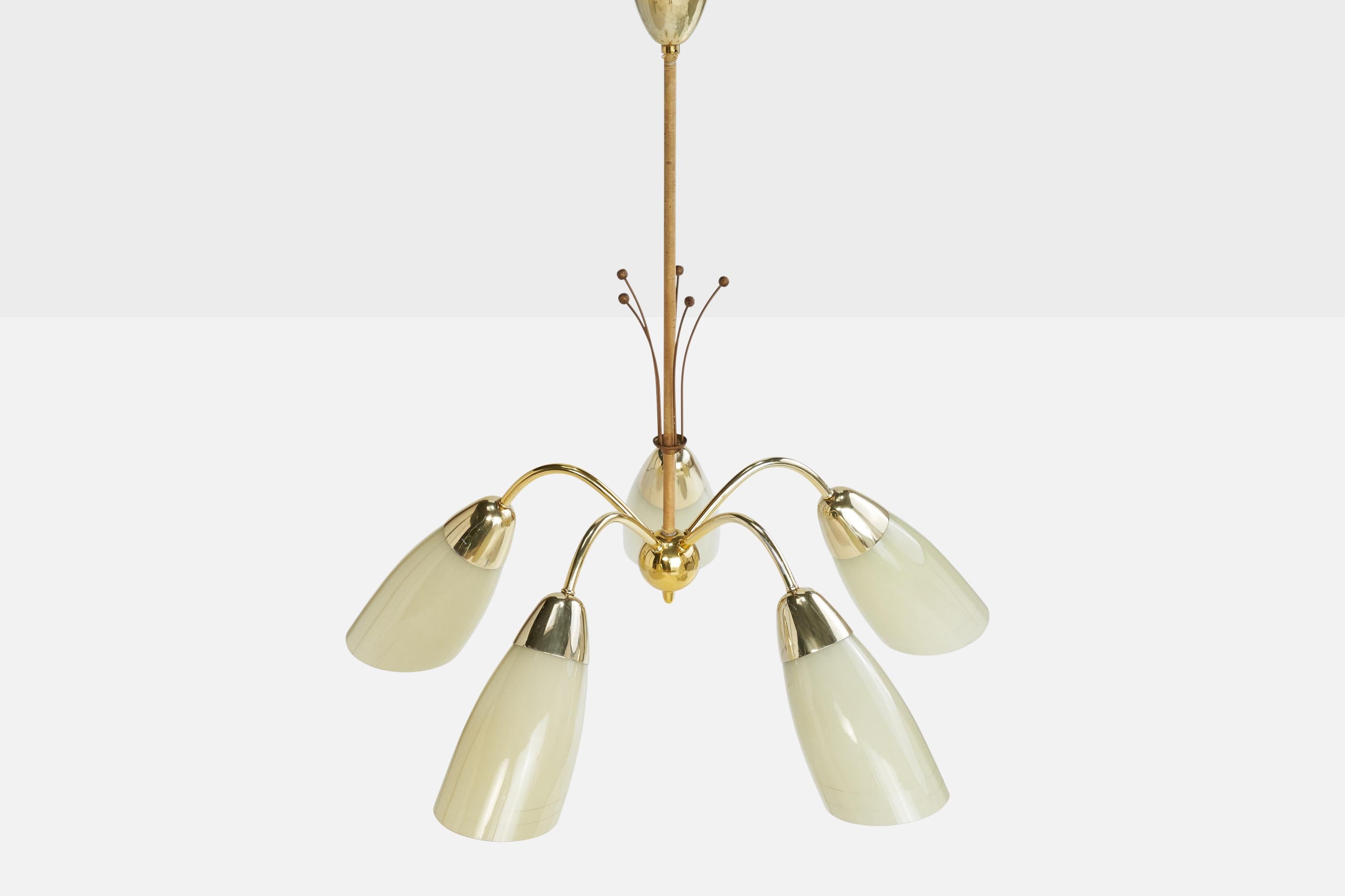 French Designer, Chandelier, Brass, Glass, Cord, France, 1950s For Sale 4