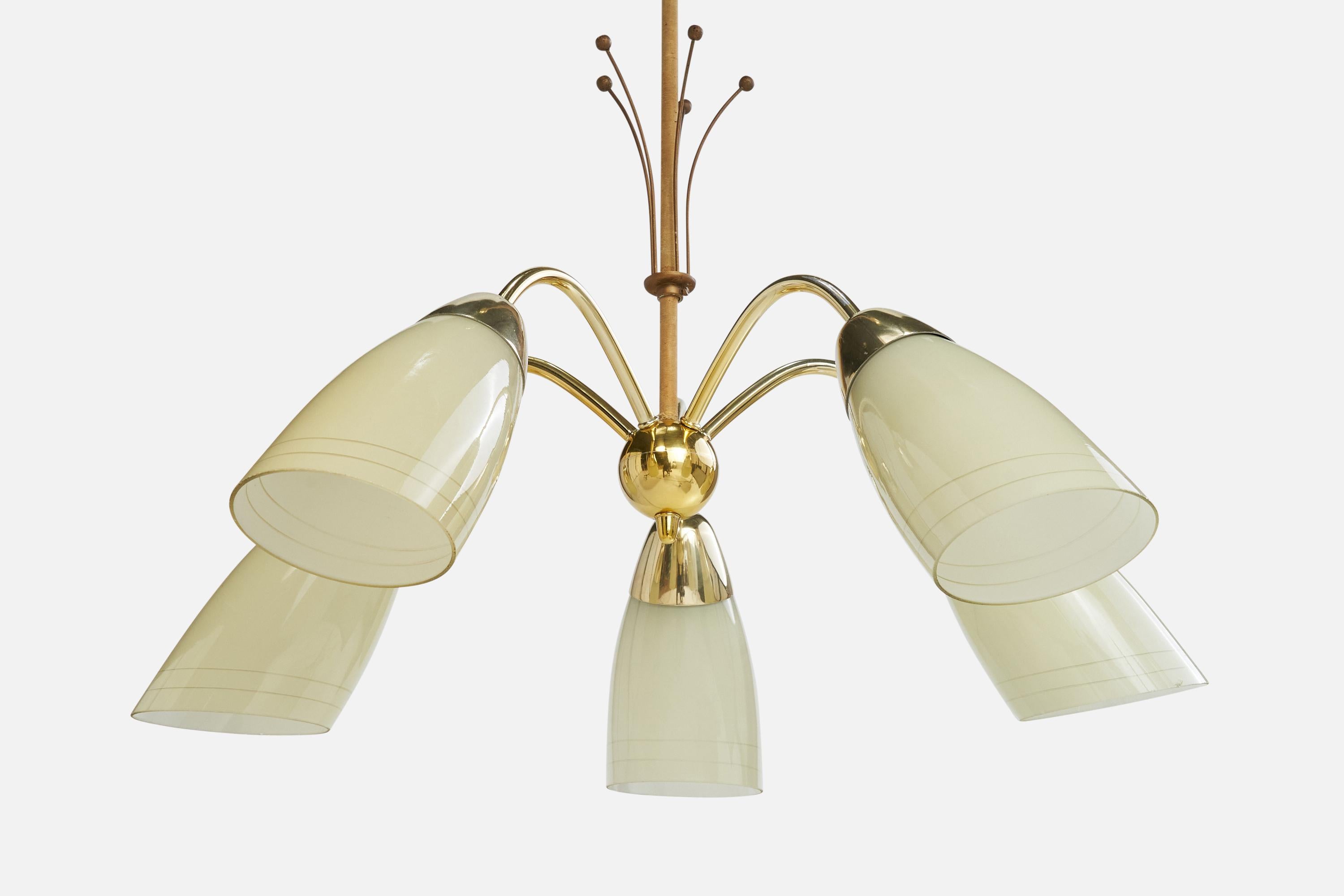 French Designer, Chandelier, Brass, Glass, Cord, France, 1950s For Sale 5