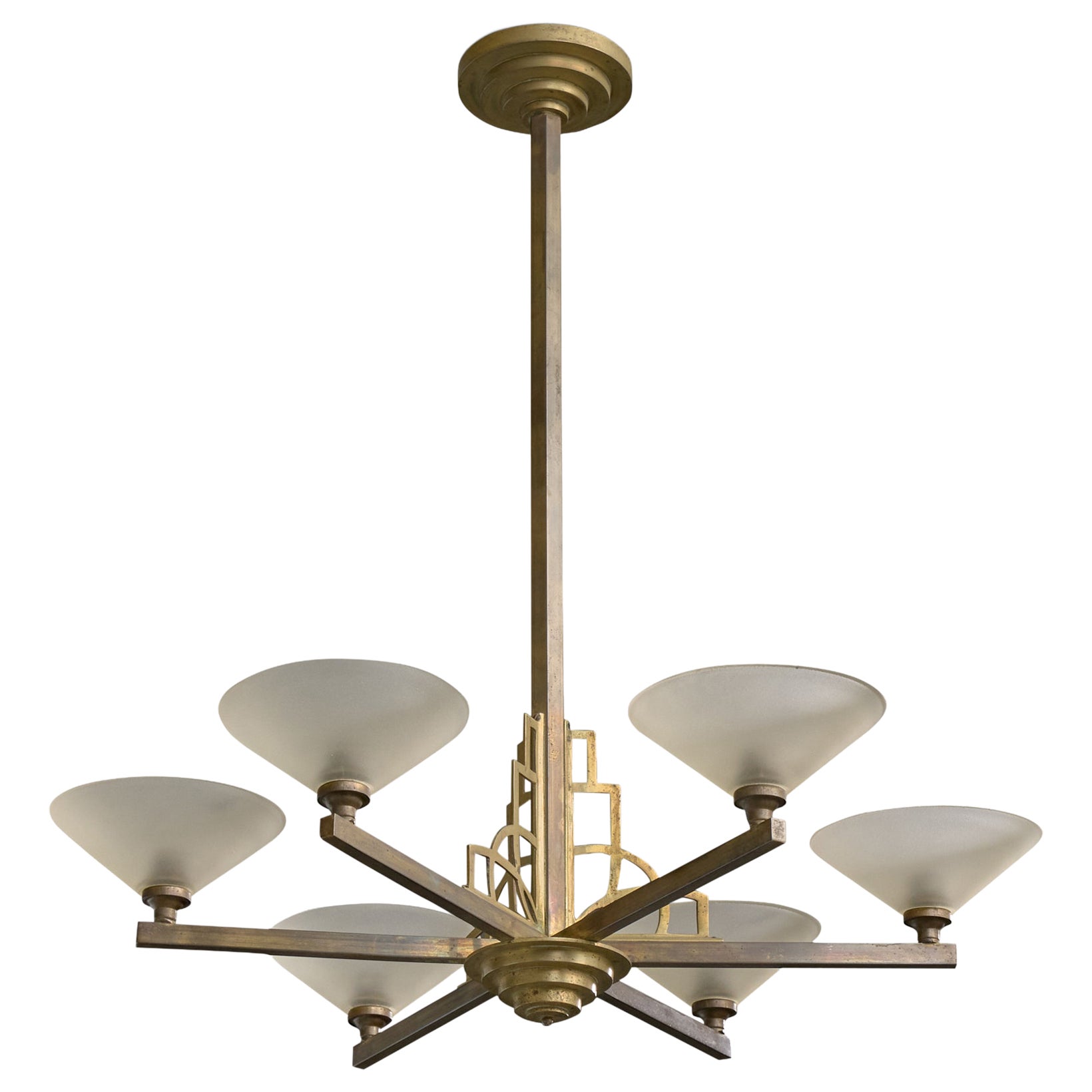French Designer, Chandelier, Brass, Glass, France, 1930s