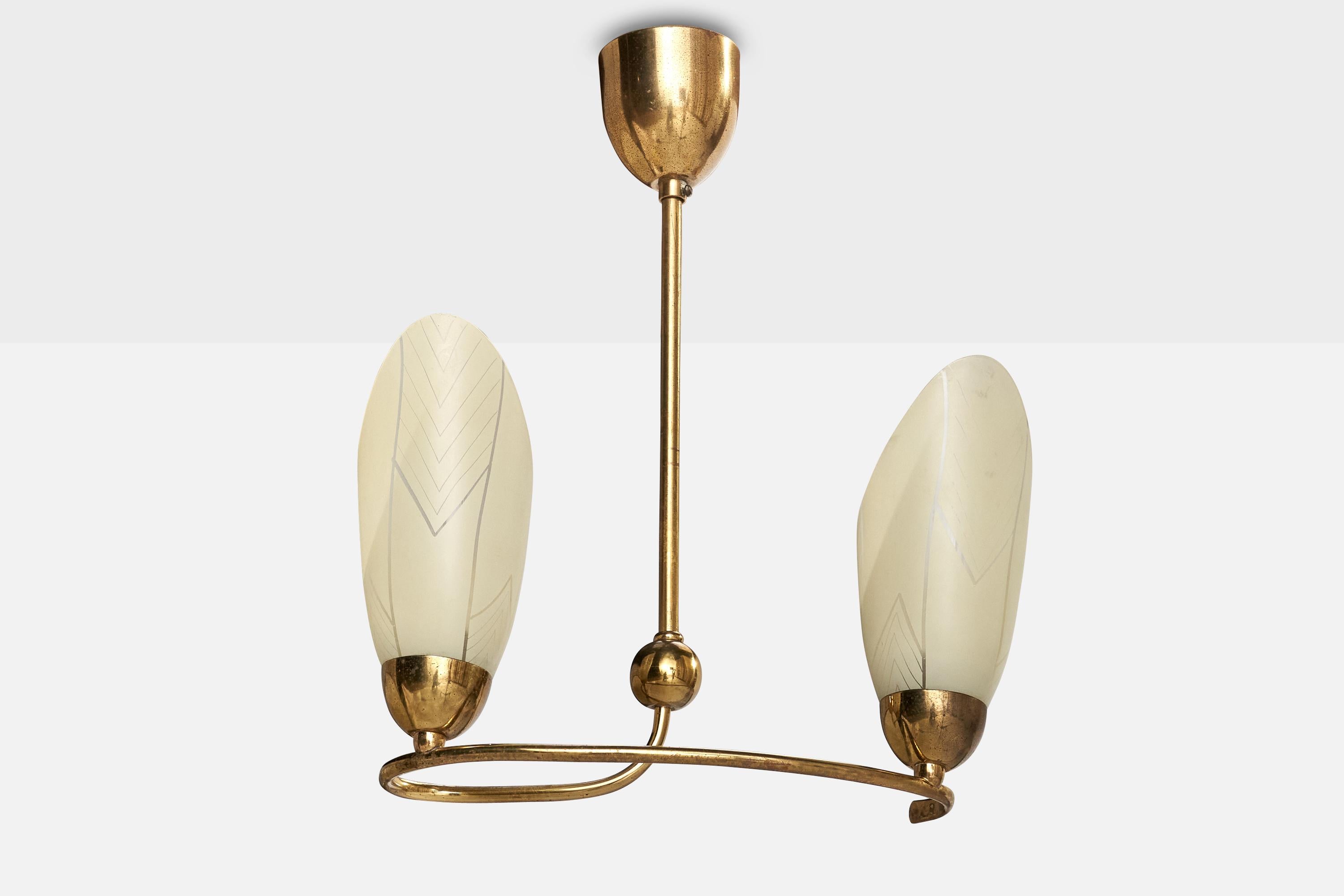 A brass and glass chandelier designed and produced in France, c. 1950s.

Dimensions of canopy (inches): 2.79” H x 2.9” Diameter
Socket takes standard E-14 bulbs. 2 socket.There is no maximum wattage stated on the fixture. All lighting will be