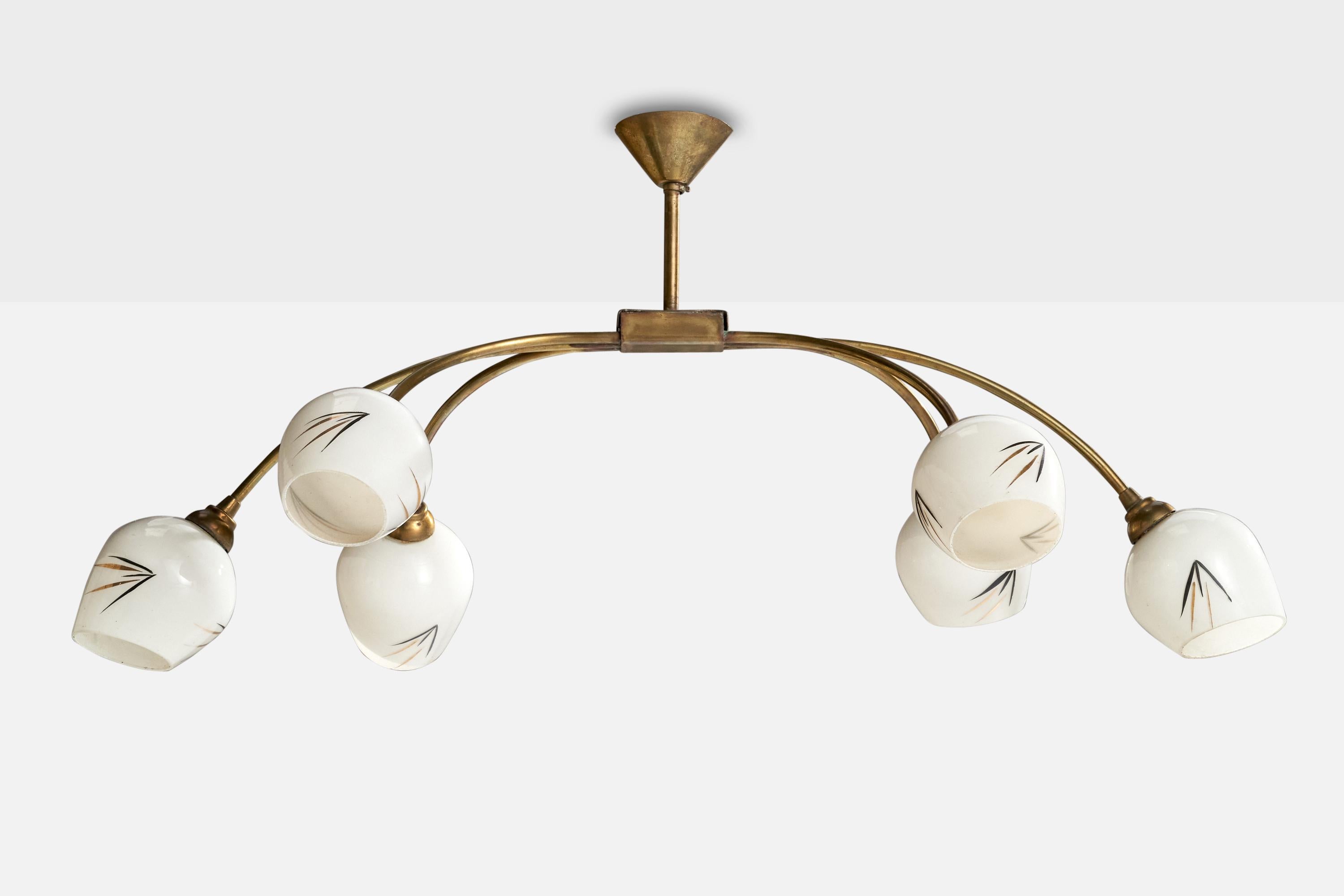 A brass and gilded opaline glass chandelier designed and produced in France, c. 1950s.

Overall Dimensions (inches): 14” H x 15” Width x 30