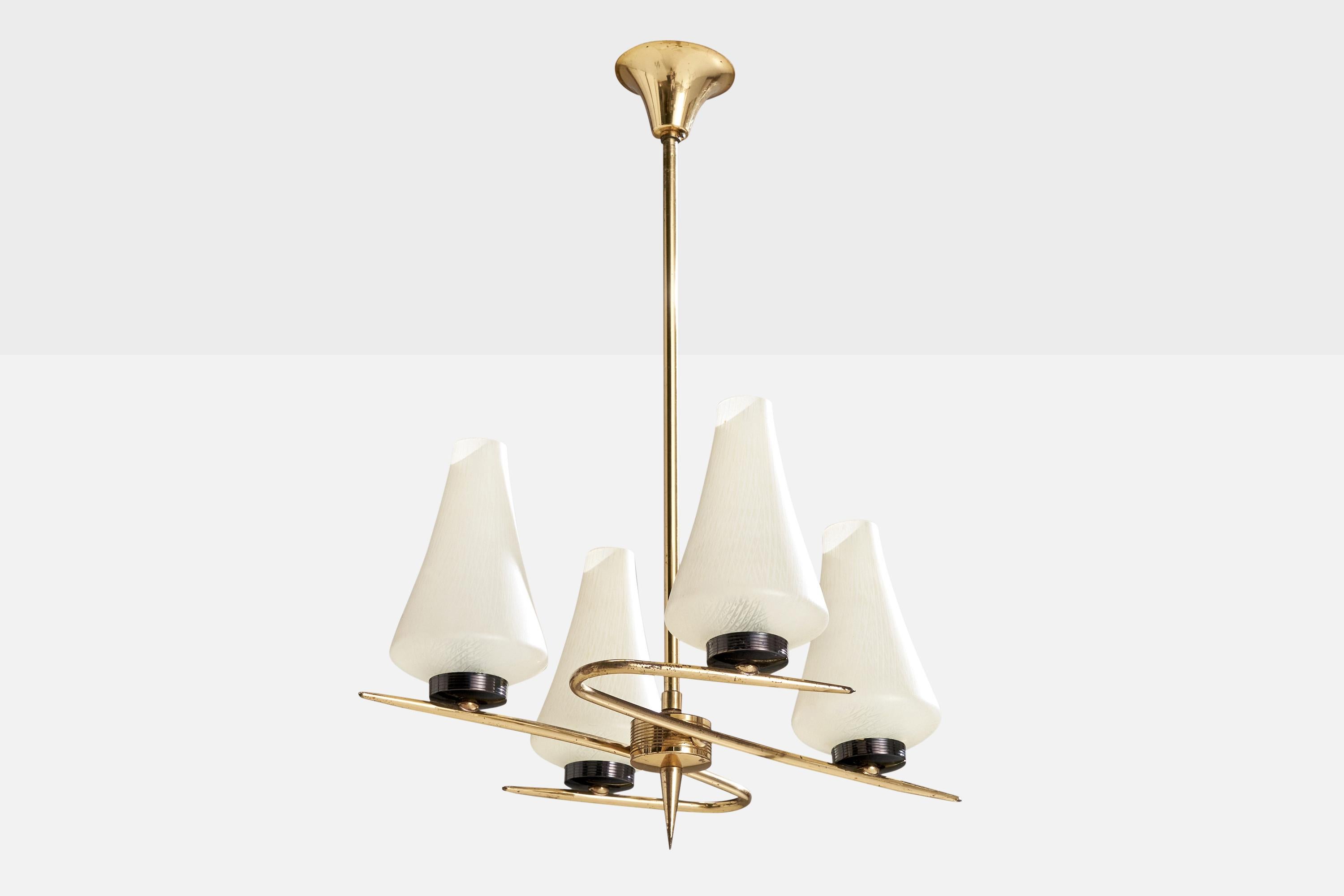 A brass and glass chandelier designed and produced in France, c. 1950s.

Overall Dimensions (inches): 20.5” H x  14.5” Diameter

Dimensions of Canopy: 2.25 ” H x 3.25” W x 3.25” D

Stem length: 15” H

Bulb Specifications: Bayonet  Bulbs

Number of