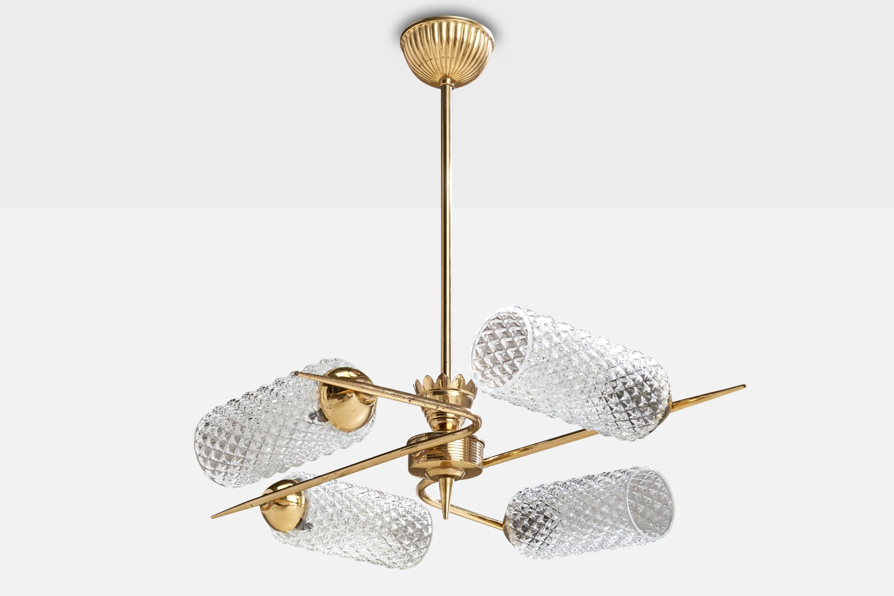 A brass and glass chandelier designed and produced in France, c. 1950s.

Overall Dimensions (inches): 18.625” H x  24” Diameter

Dimensions of Canopy:  2” H x 3.5” W x 3.5” D

Stem length: 12.75” H

Bulb Specifications: Bayonet  Bulbs

Number of