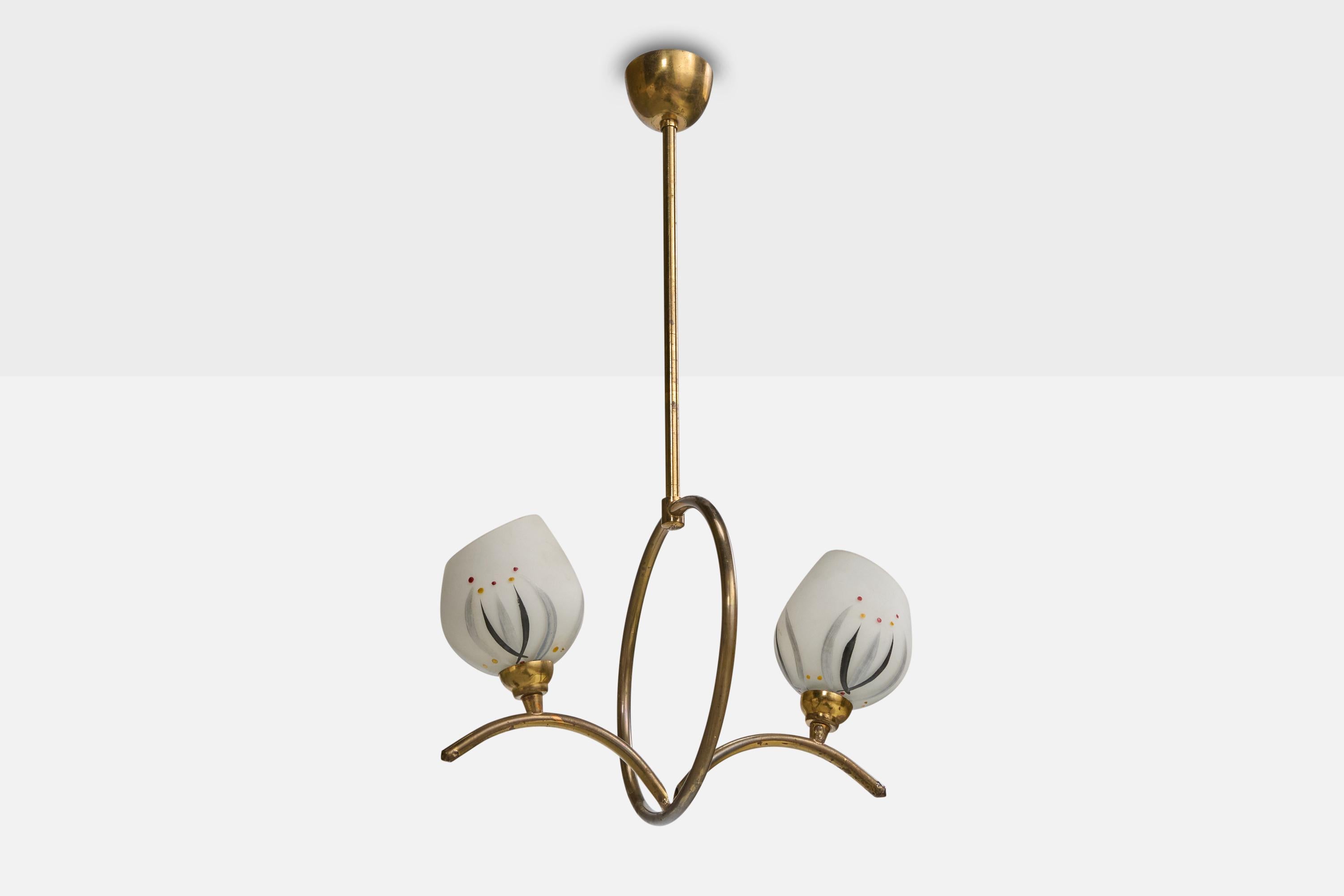 A brass and painted white opaline glass chandelier designed and produced in France, c. 1950s.

The brass stem and arms present with light oxidation.

Overall Dimensions (inches): 25” H x 11.75” W x 8.625” D

Dimensions of Canopy: 1.75“ H x 2.6”