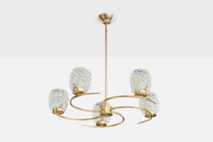 French Designer, Chandelier, Brass, Glass, France, 1950s