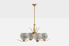 French Designer, Chandelier, Brass, Glass, France, 1950s