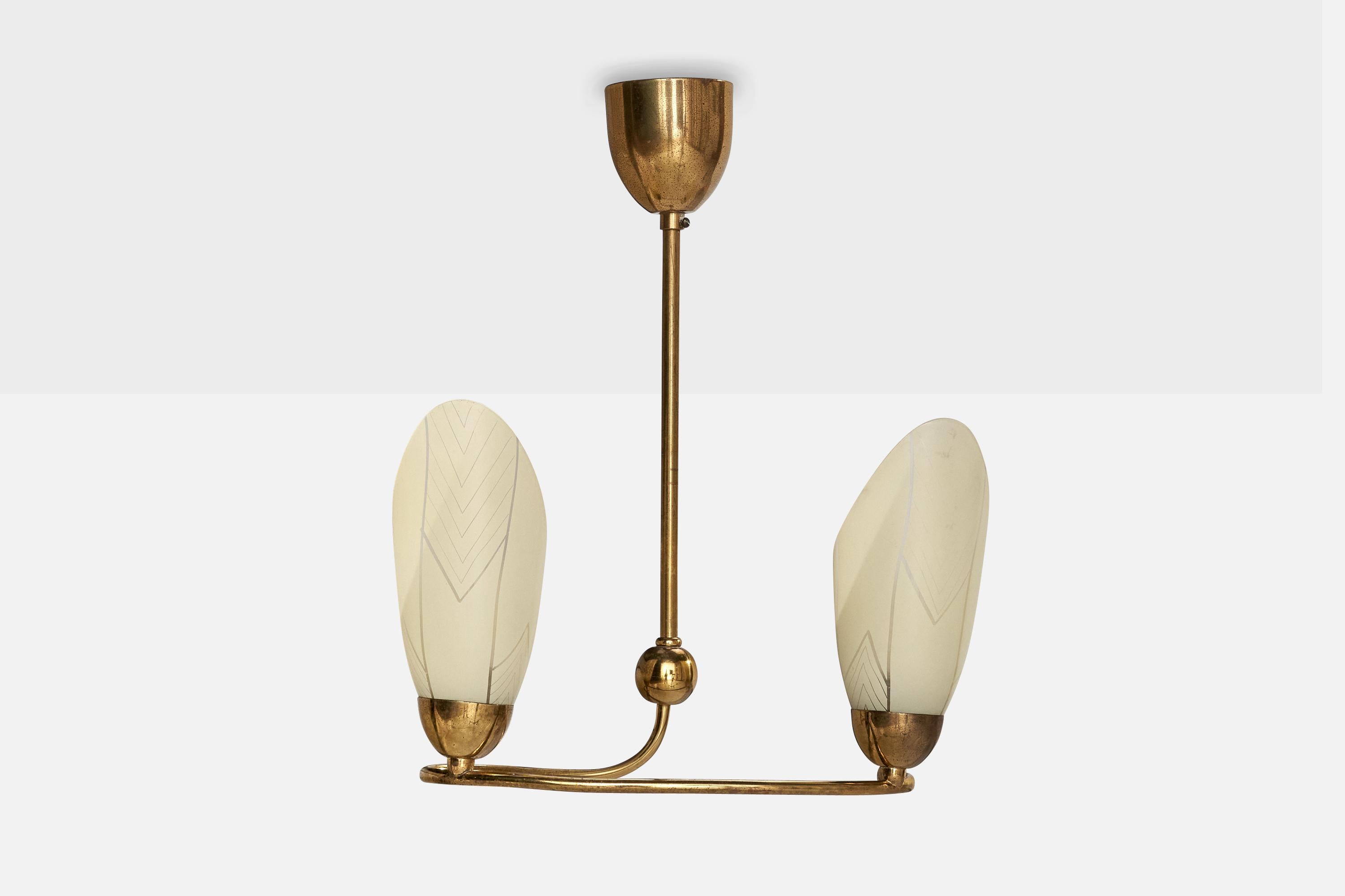 Mid-Century Modern French Designer, Chandelier, Brass, Glass, France, 1950s For Sale