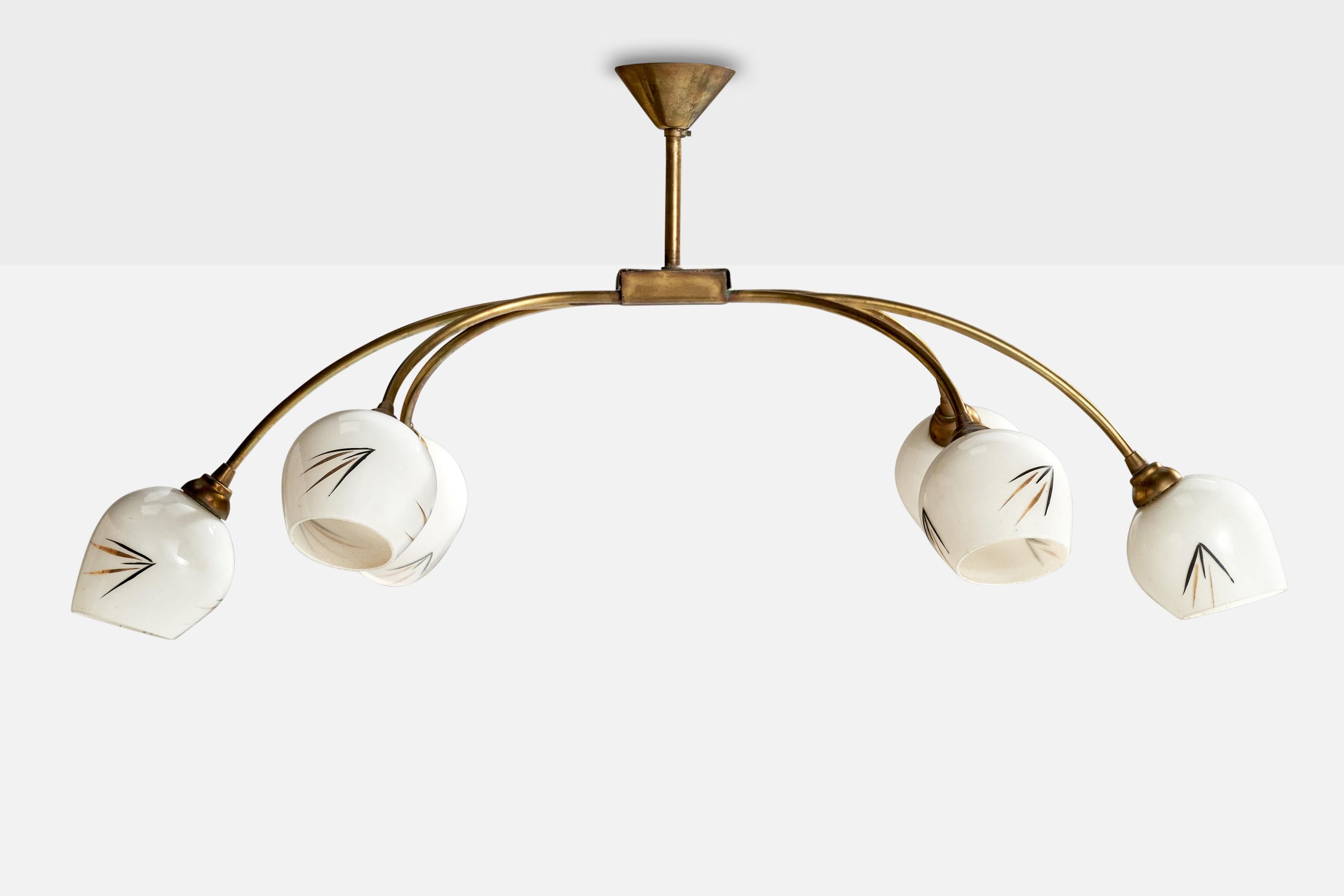 Mid-Century Modern French Designer, Chandelier, Brass, Glass, France, 1950s For Sale